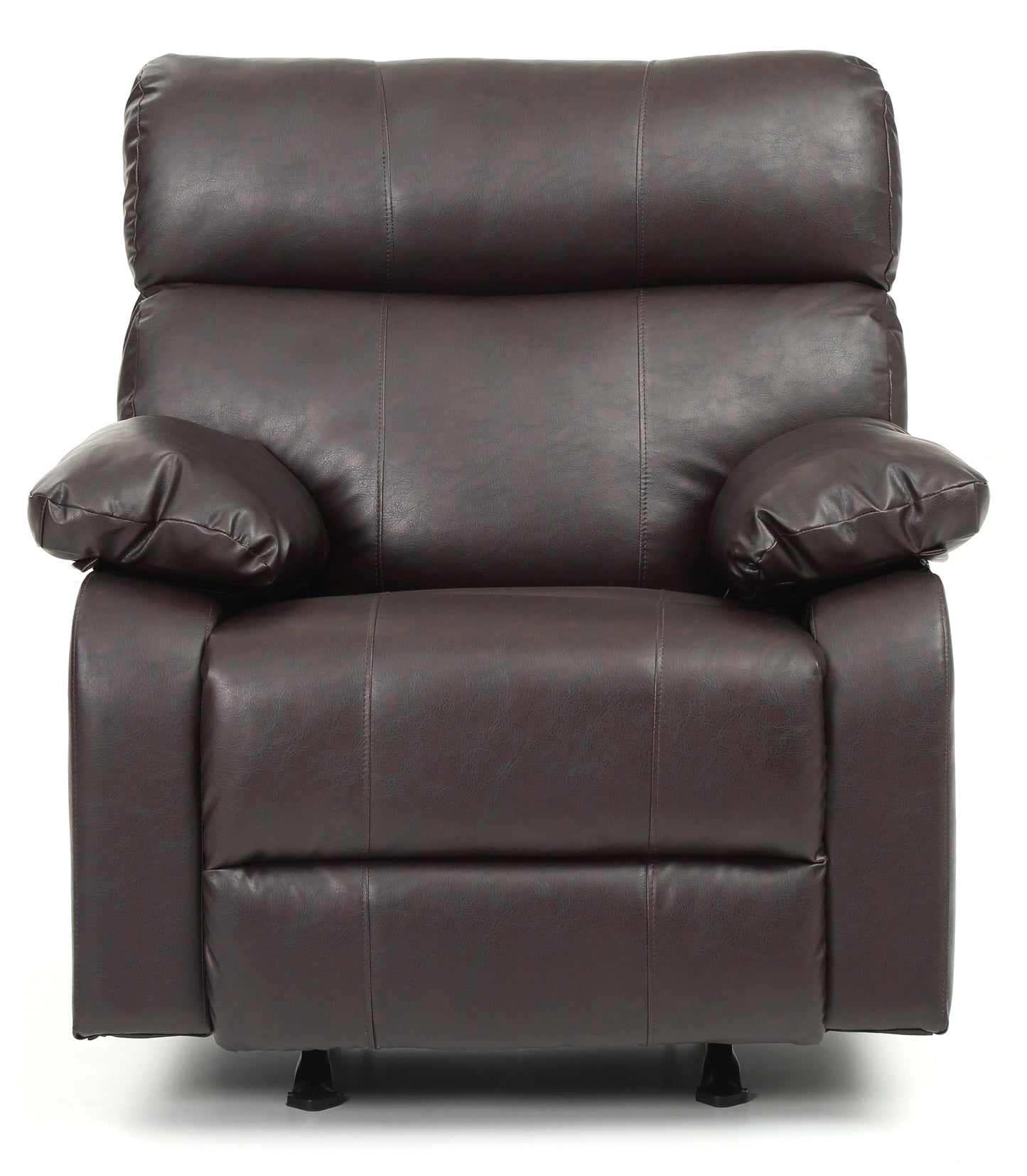 Plush brown faux leather recliner chair with padded arms and headrest for ultimate comfort