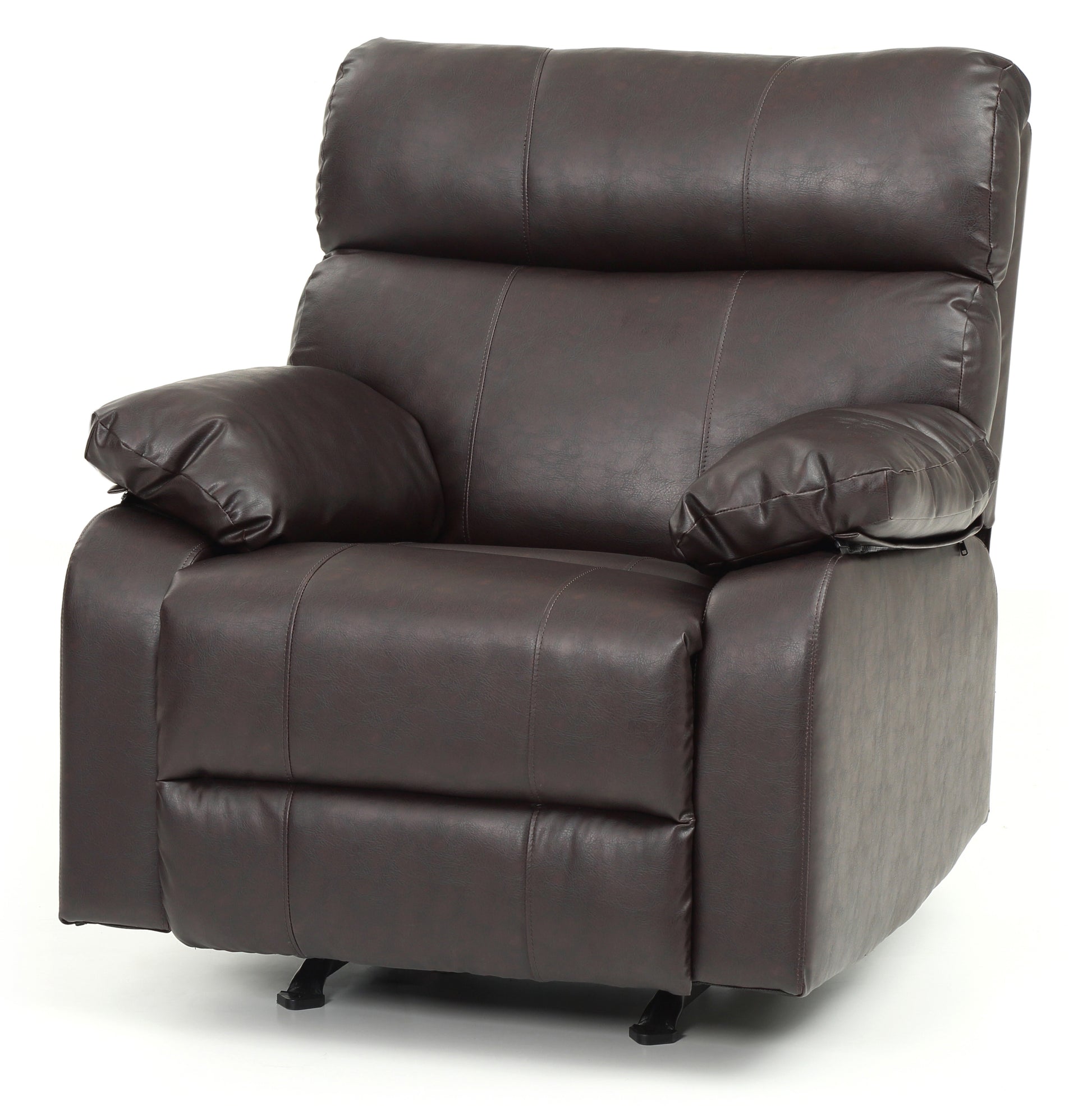 Plush brown faux leather recliner chair with padded armrests and lumbar support