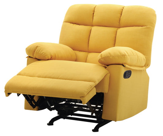 Bright yellow recliner chair with plush cushioning and extended footrest
