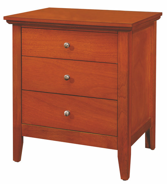 Cherry wood nightstand with three drawers and brushed nickel hardware for bedroom storage