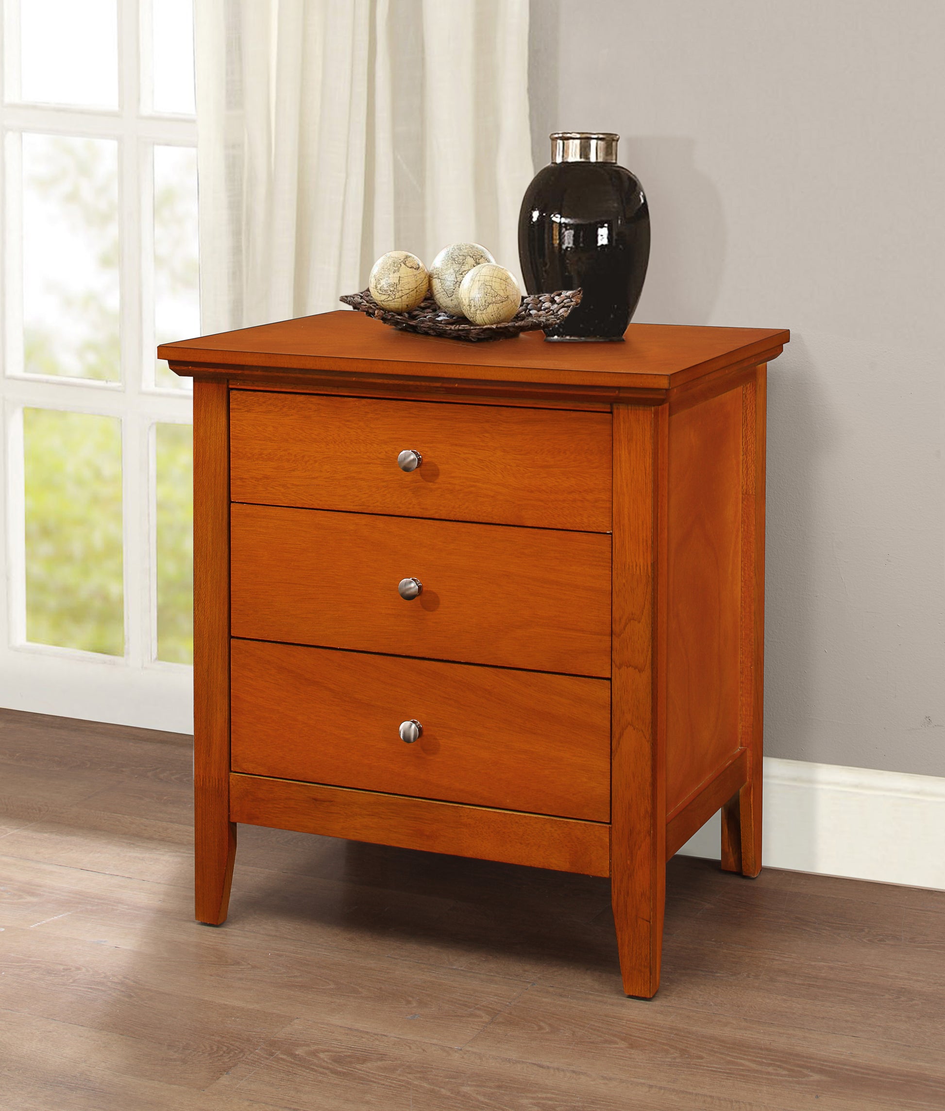 Cherry wood threedrawer nightstand with silver knobs elegant bedroom furniture