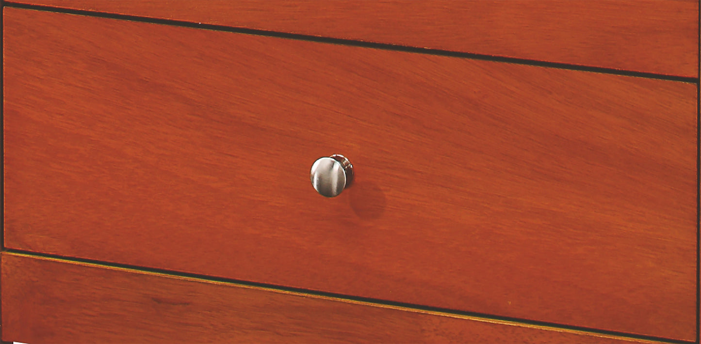 Detail of a cherry wood drawer with a brushed nickel knob
