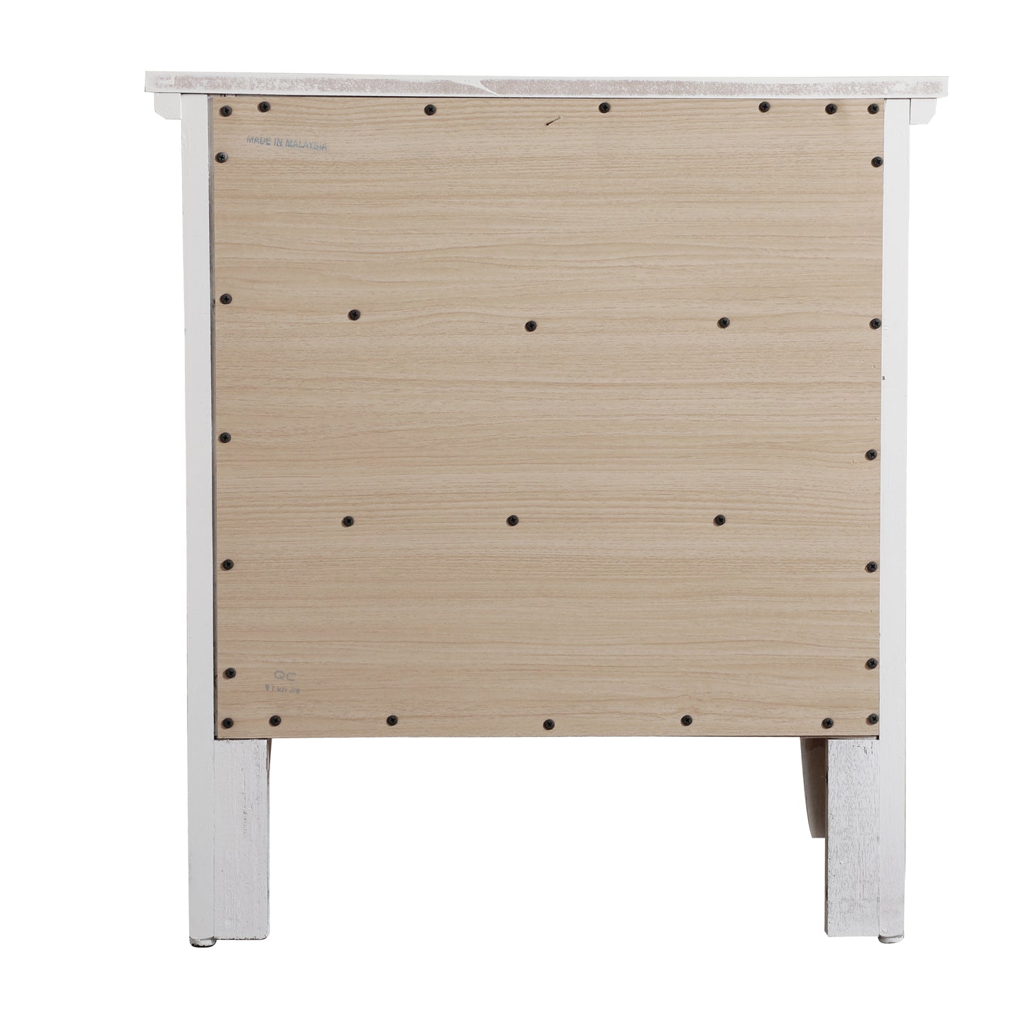 White wooden bedside table back panel with visible screws and Made in Malaysia stamp