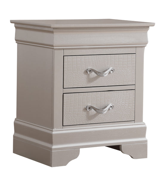 Taupe twodrawer nightstand with faux crocodile texture drawer fronts and crystal pulls