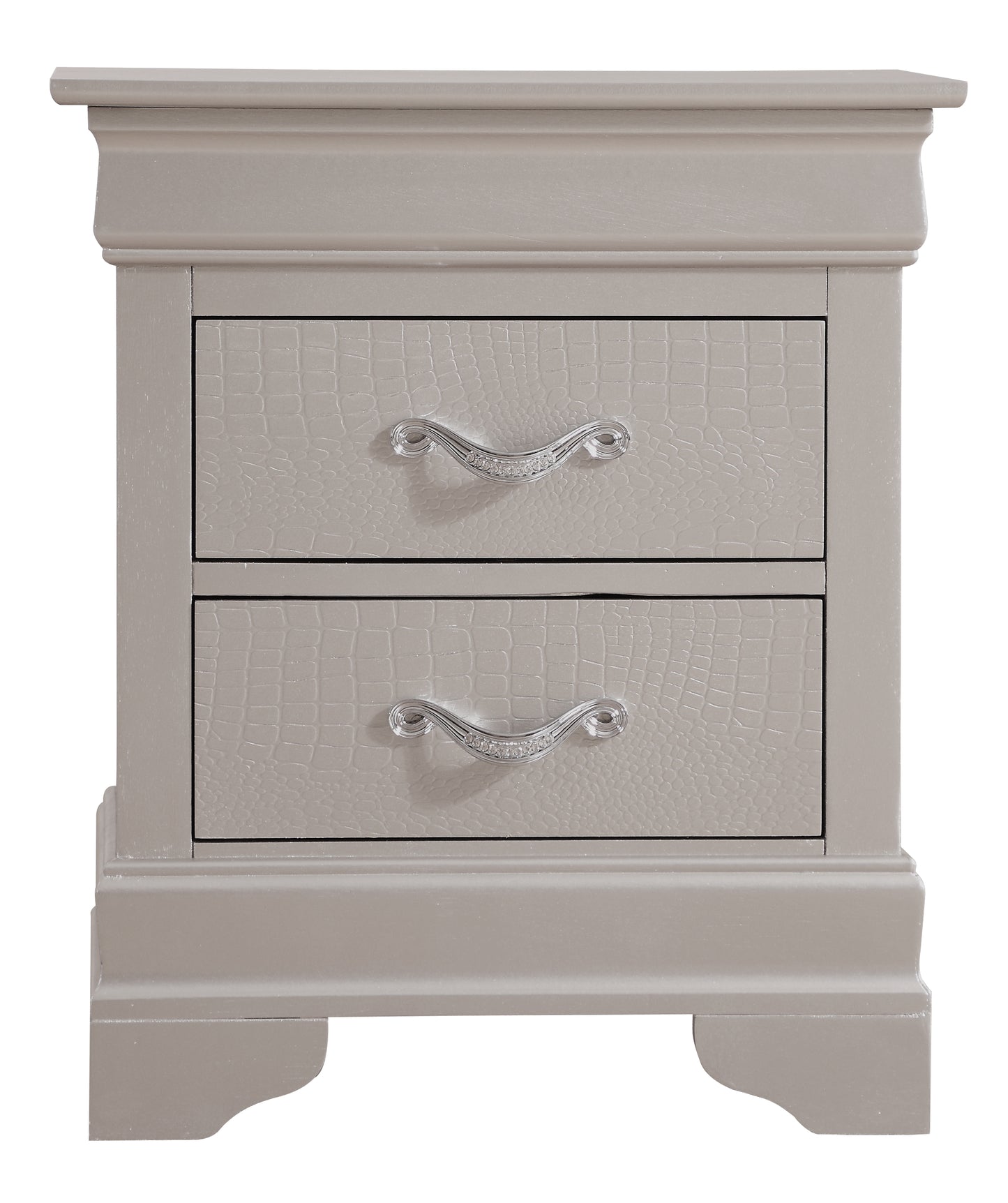 Taupe bedside table with two drawers featuring embossed crocodile texture and crystal pulls