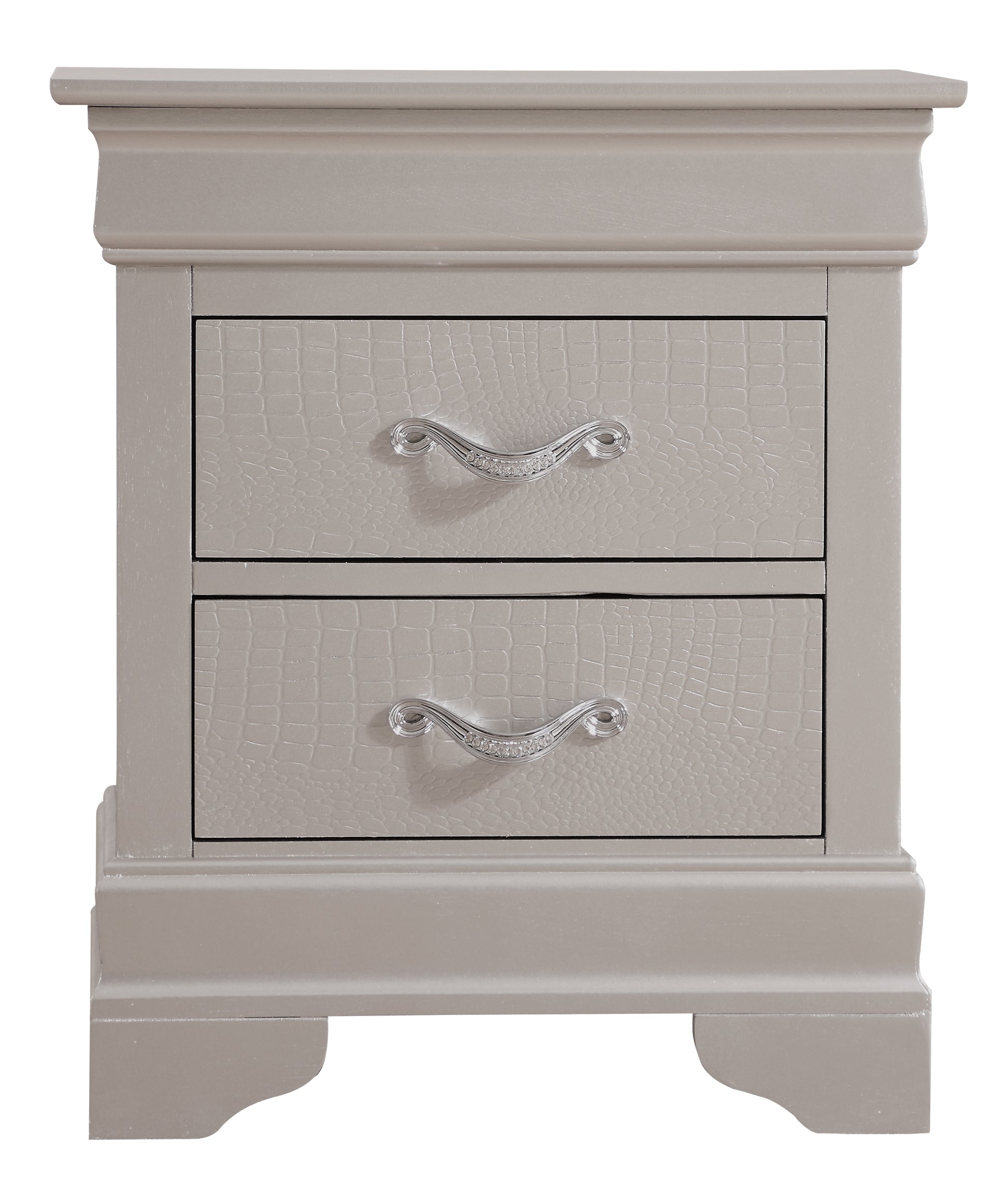 Taupe bedside table with two drawers featuring embossed crocodile texture and crystal pulls