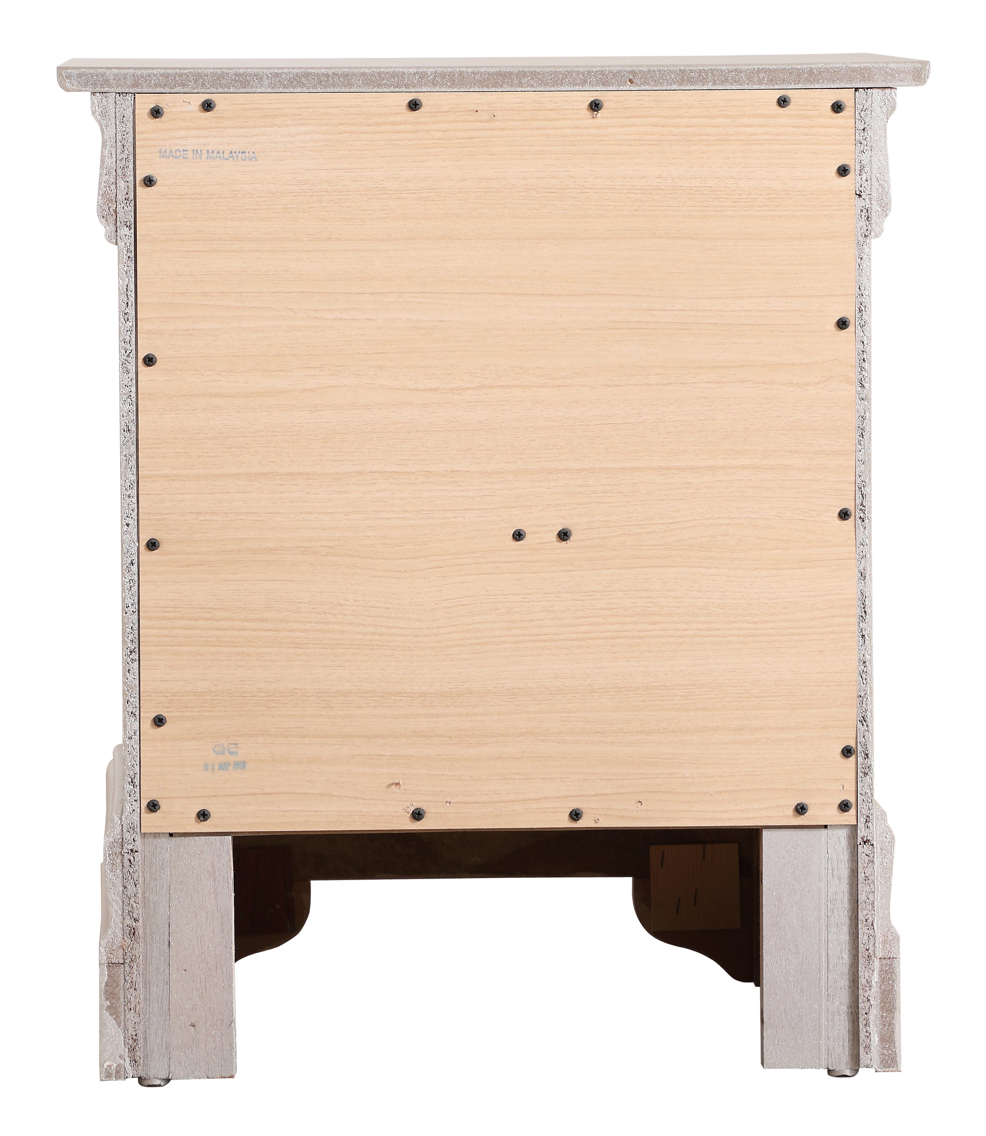 Back view of light oak nightstand with visible hardware and Made in Malaysia label