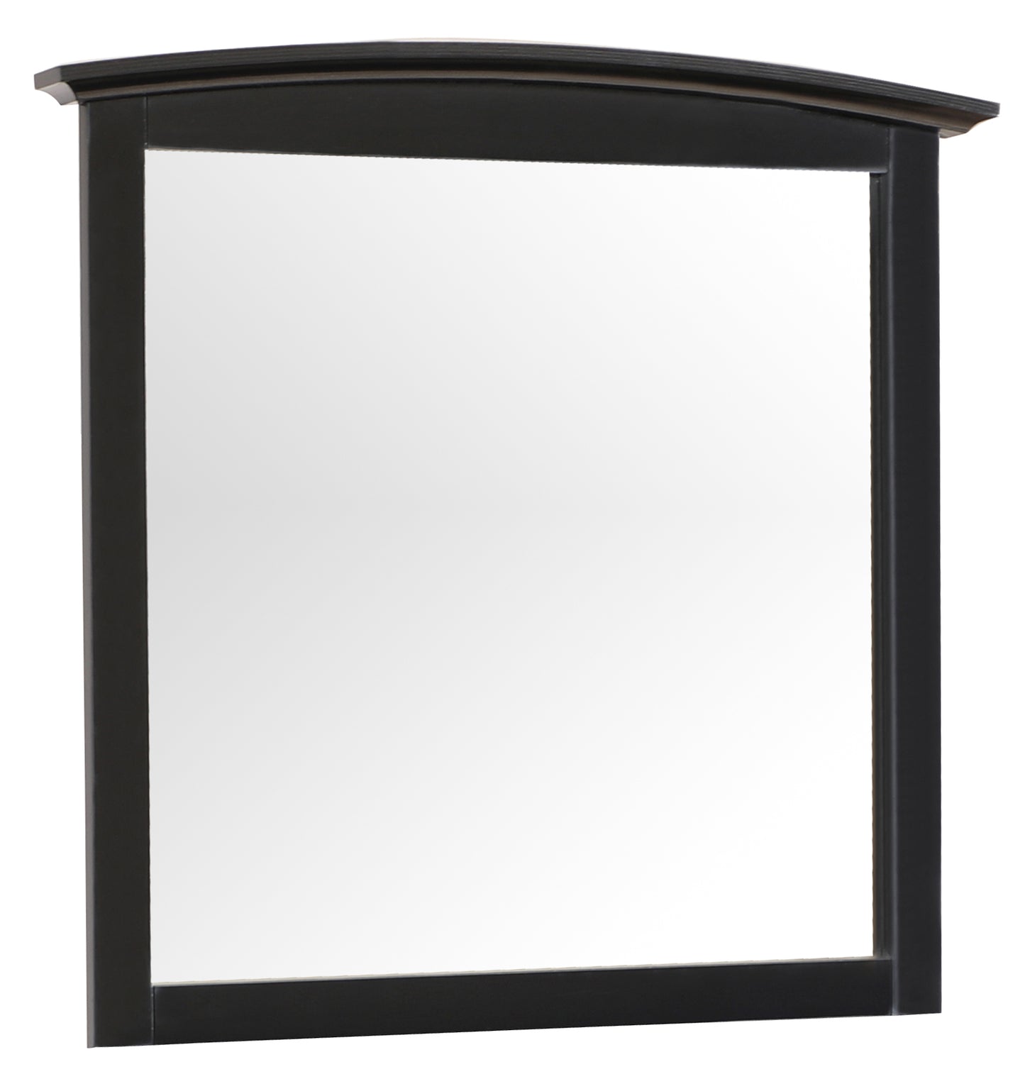 Black arched top dresser mirror with a smooth wooden frame