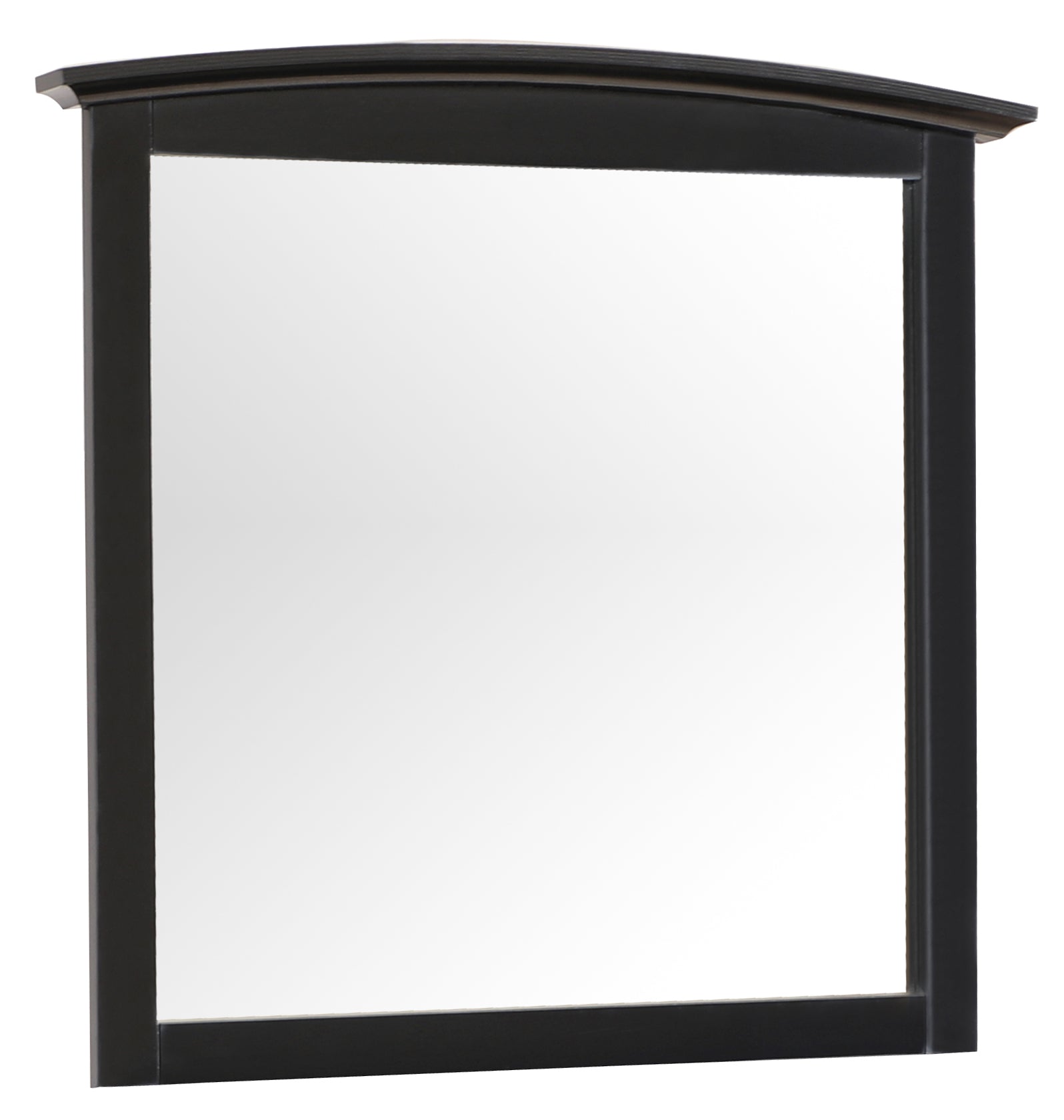 Black arched top dresser mirror with a smooth wooden frame