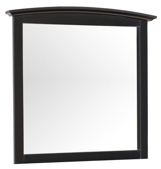 Black arched top dresser mirror with a smooth wooden frame