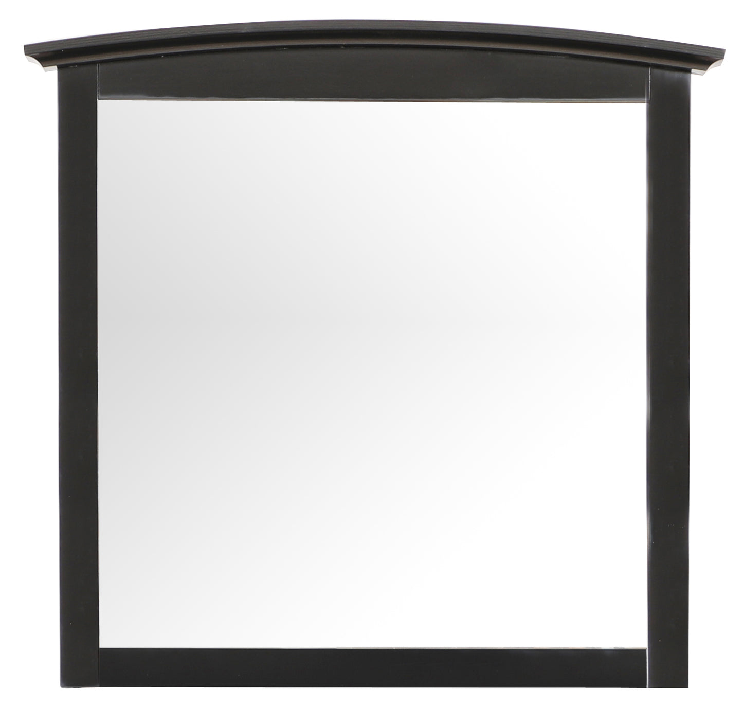 Dark wood framed vanity mirror with arched top perfect for bathrooms