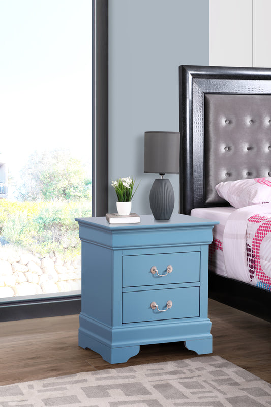 Blue wooden bedside table with two drawers and silver hardware