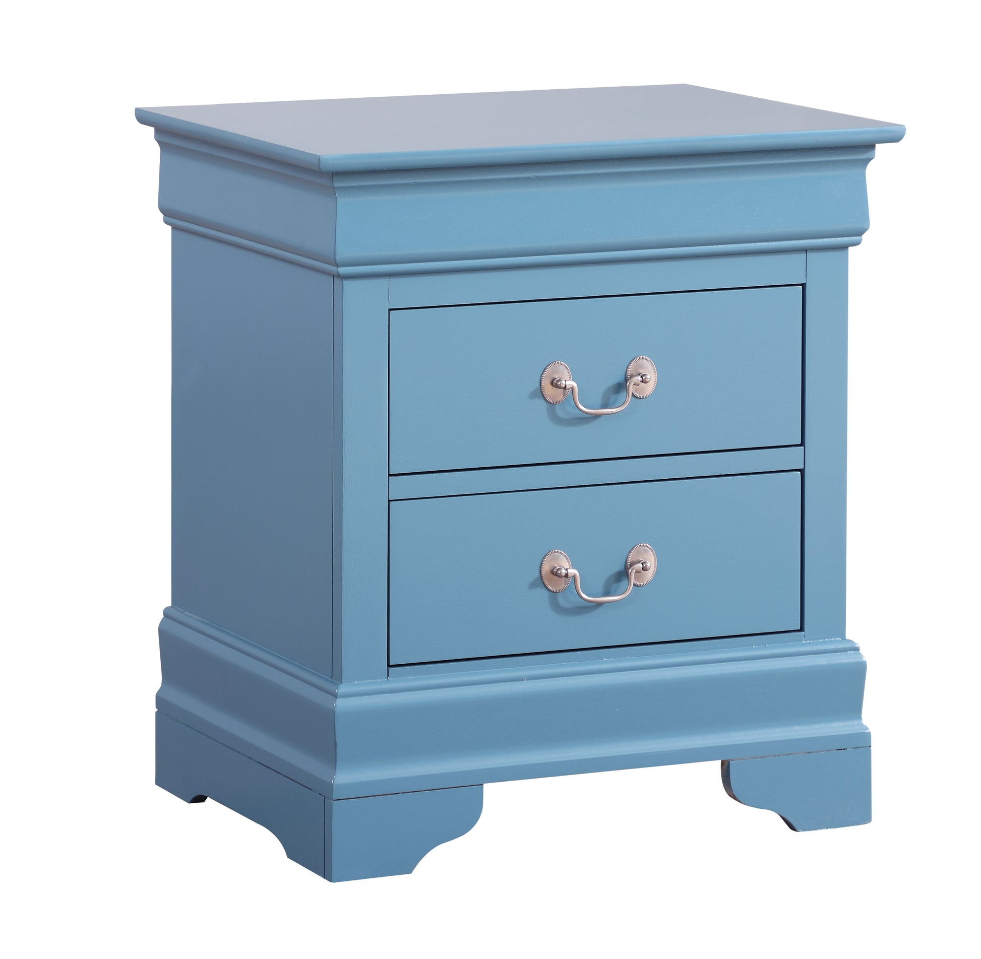 Blue painted wood twodrawer nightstand with ornate silver handles
