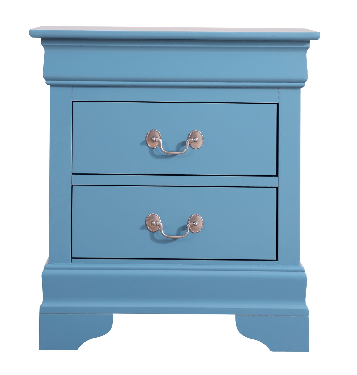 Powder blue twodrawer nightstand with decorative silver hardware