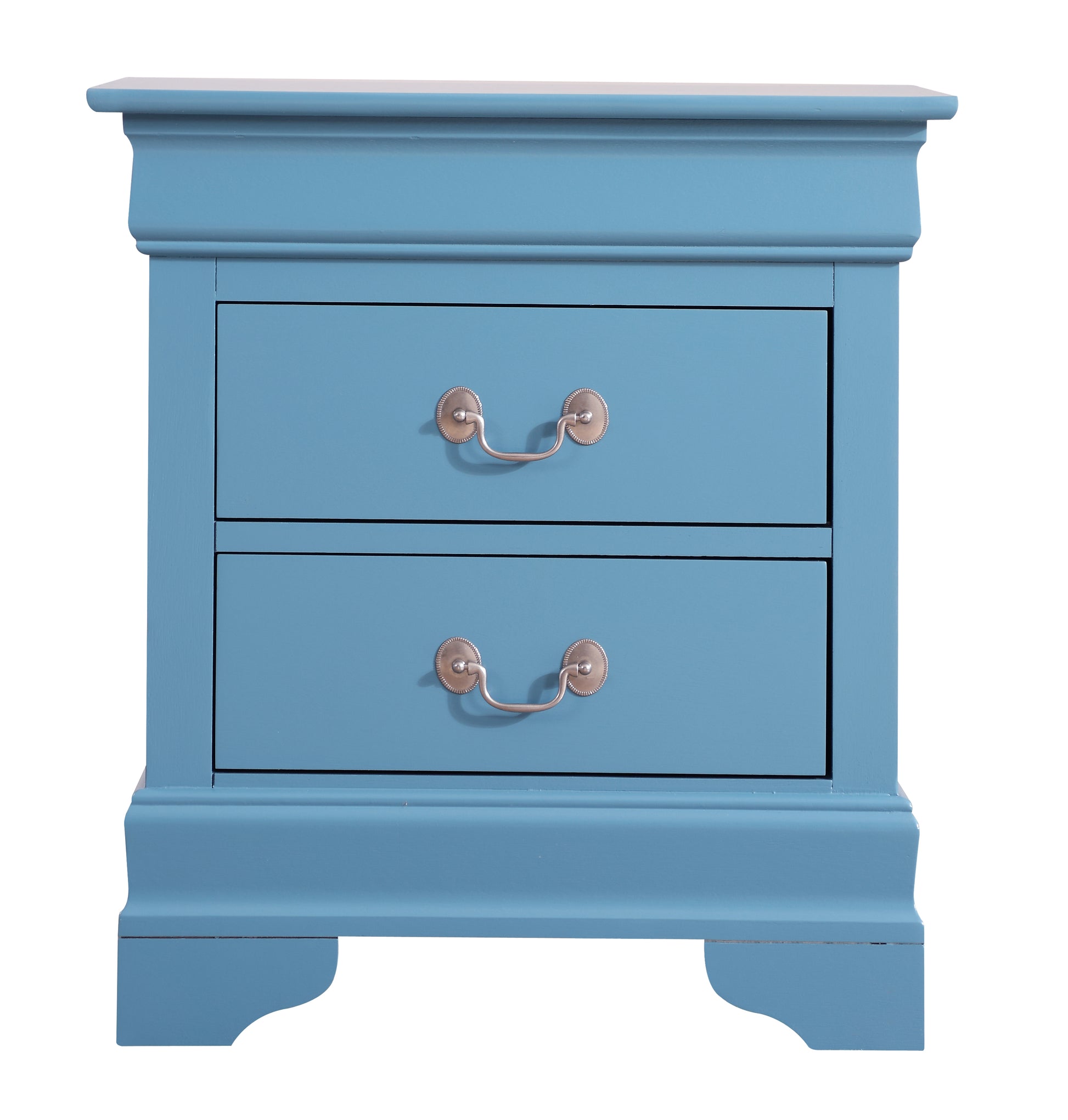 Powder blue twodrawer nightstand with decorative silver hardware