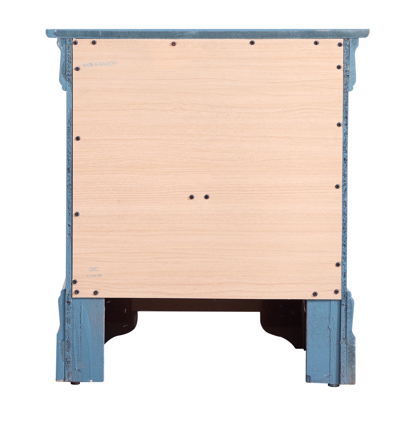 Blue distressed wood nightstand back panel with MADE IN MALAYSIA stamp