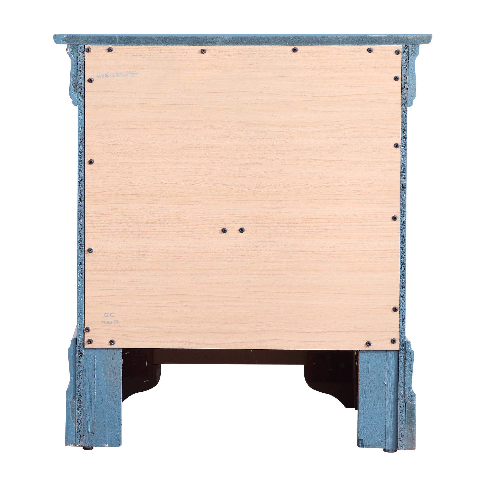 Blue distressed wood nightstand back panel with MADE IN MALAYSIA stamp