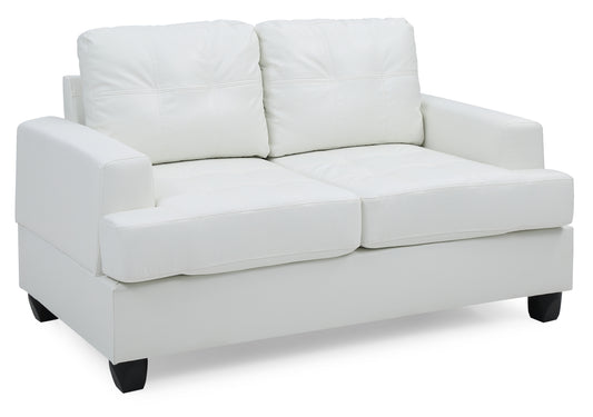 White faux leather loveseat with quilted cushions and black tapered legs