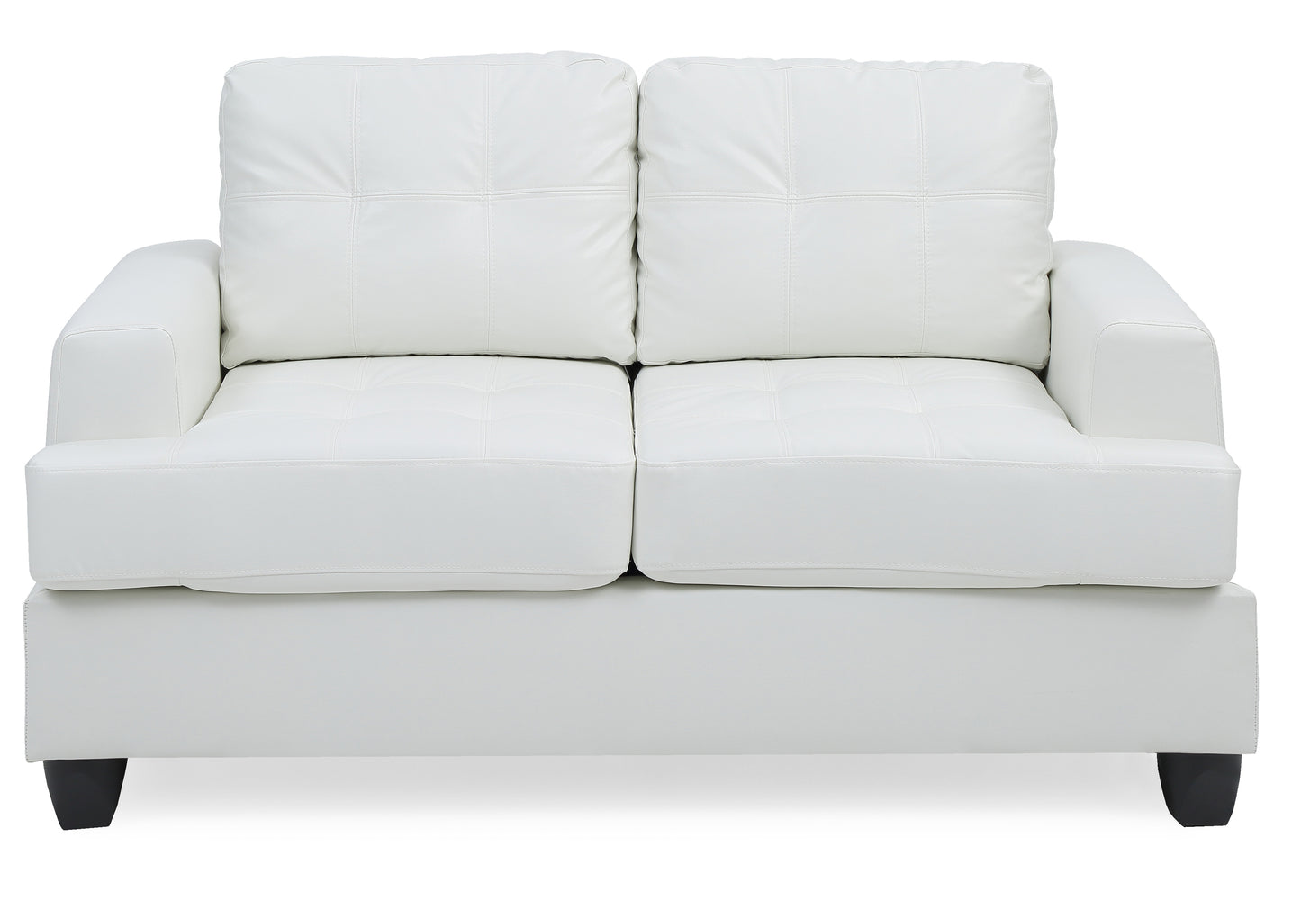 Modern white faux leather loveseat with tufted cushions and black legs