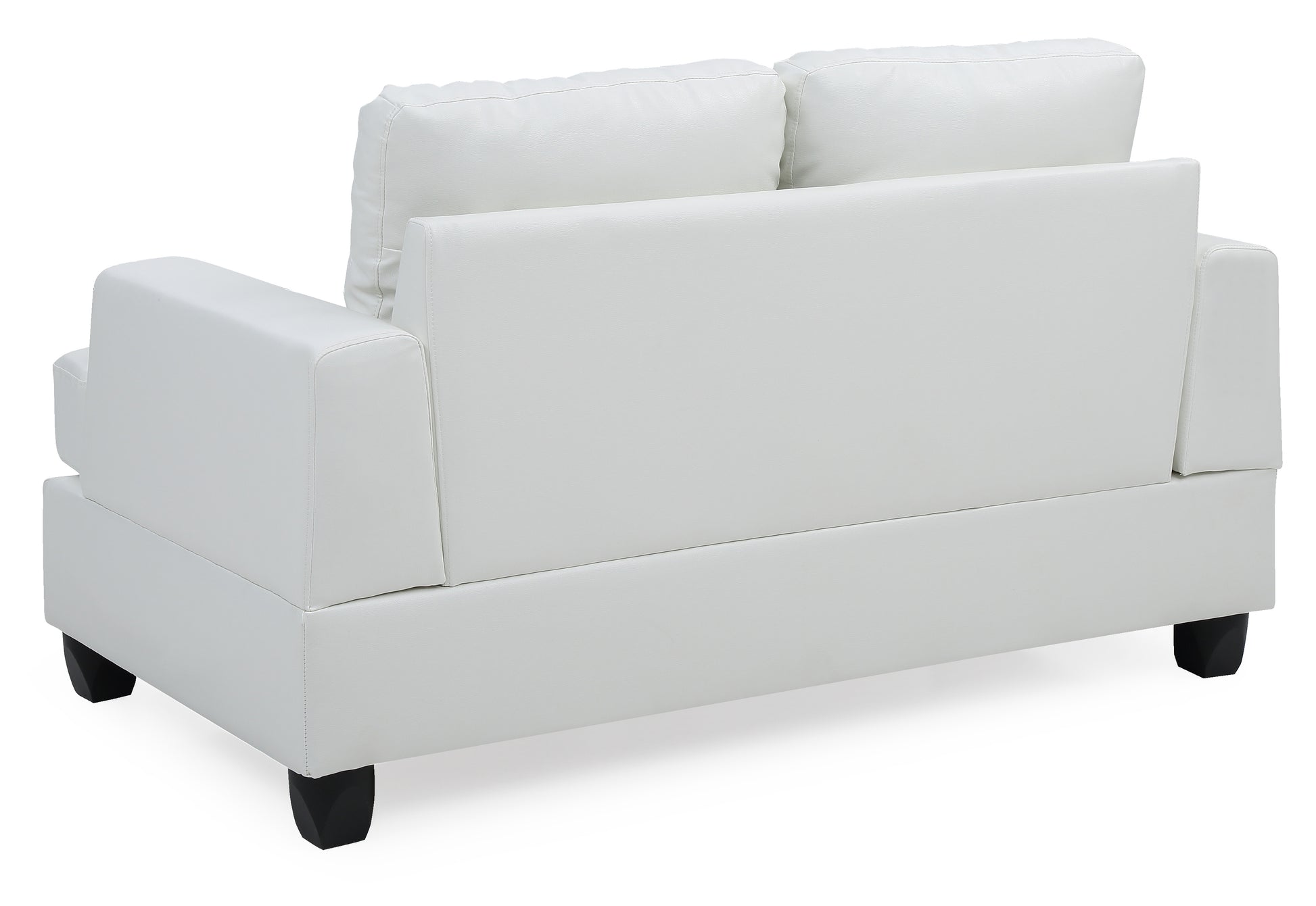 White faux leather loveseat with plush seat and back cushions modern design