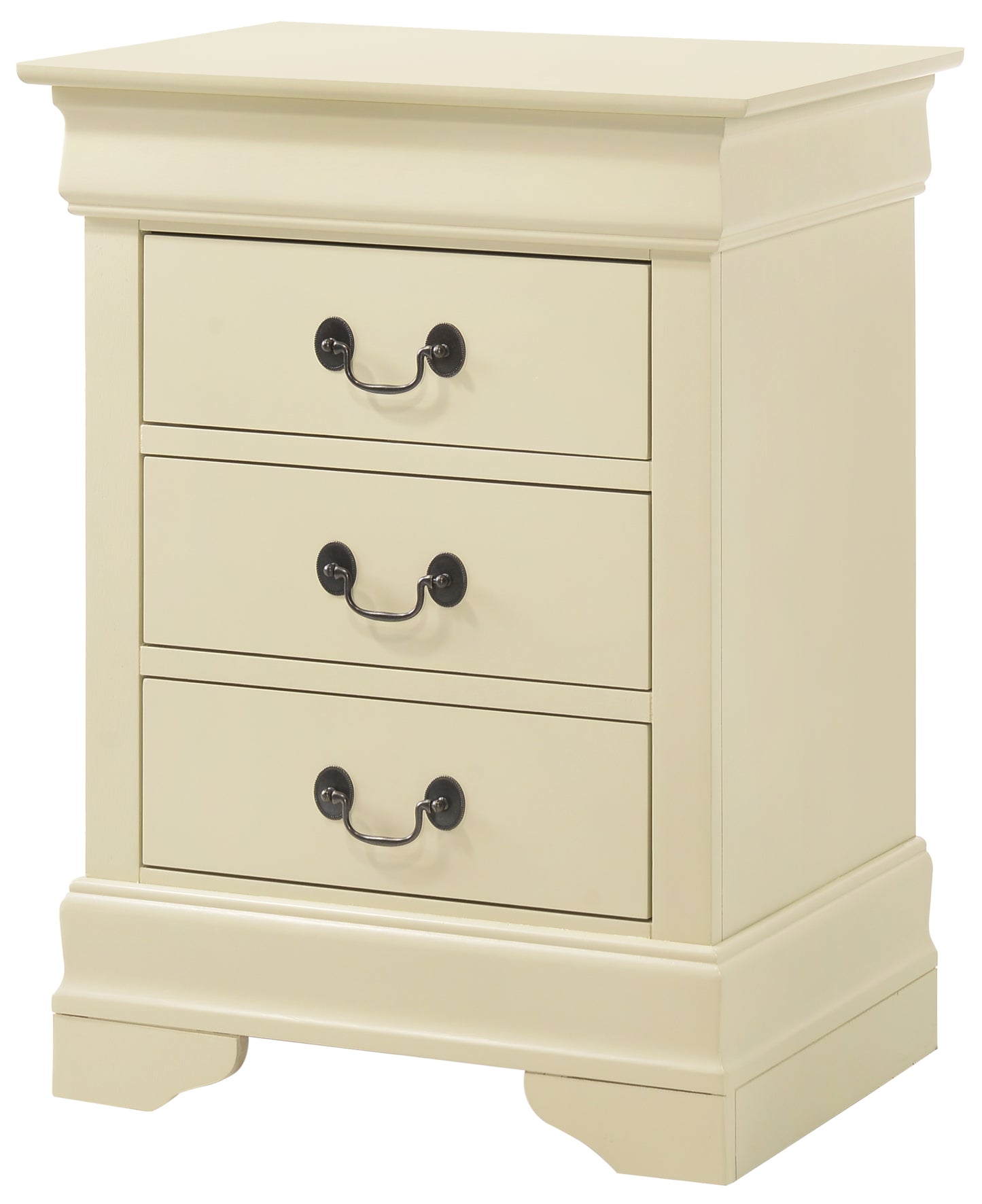 Cream painted threedrawer nightstand with ornate black hardware and classic styling