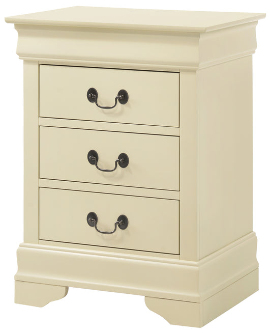 Cream painted threedrawer nightstand with ornate black hardware and classic styling