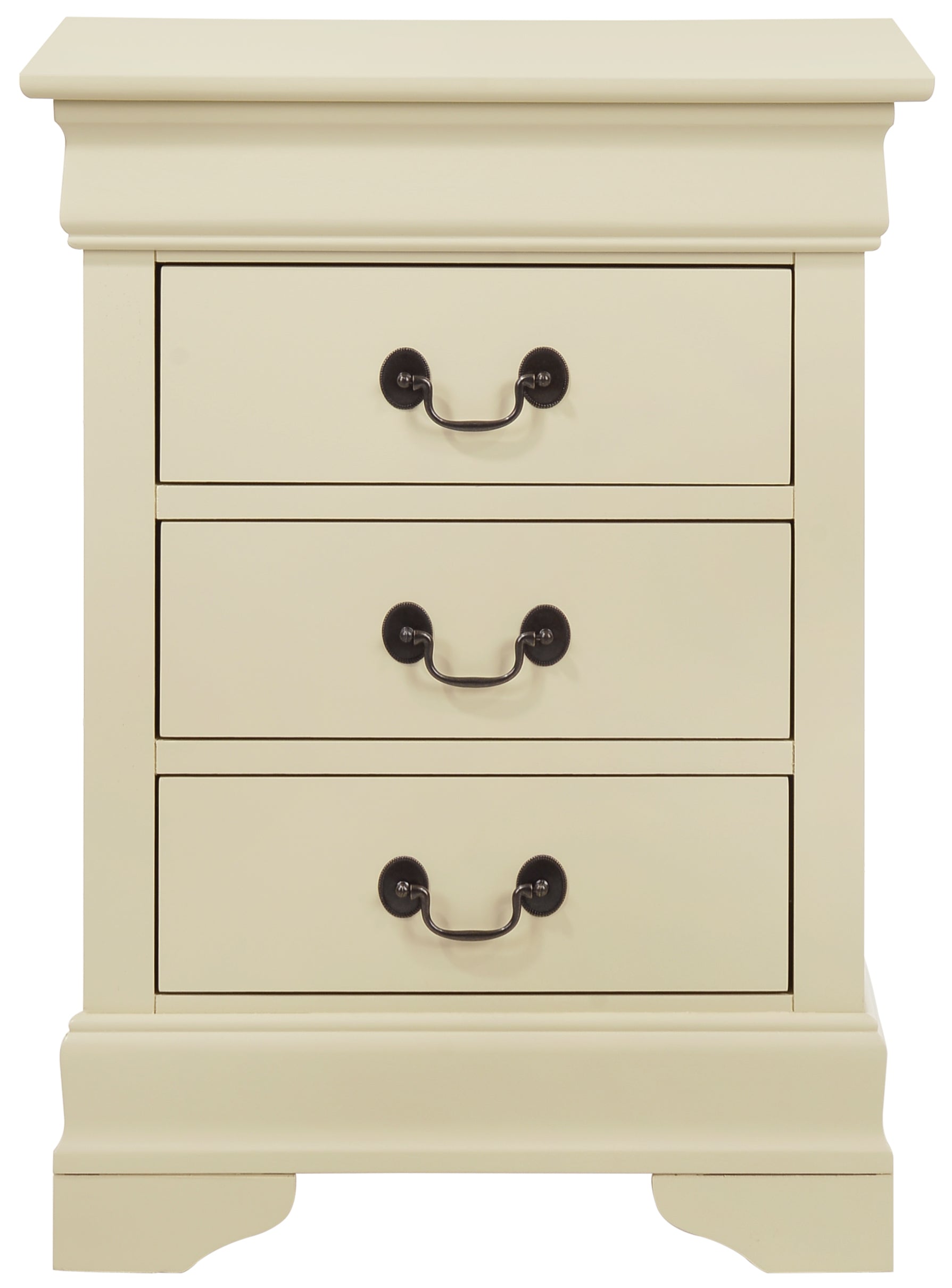 Cream threedrawer nightstand with dark antique brass pull handles and a classic design