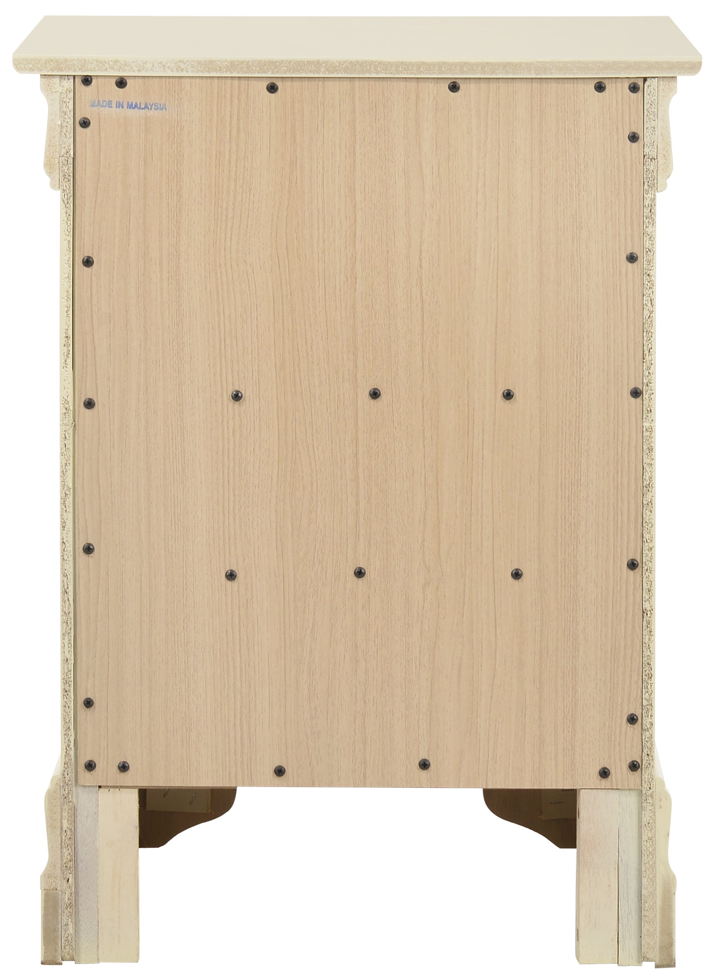 Rear view of an antique white nightstand with light wood grain backing and visible screws
