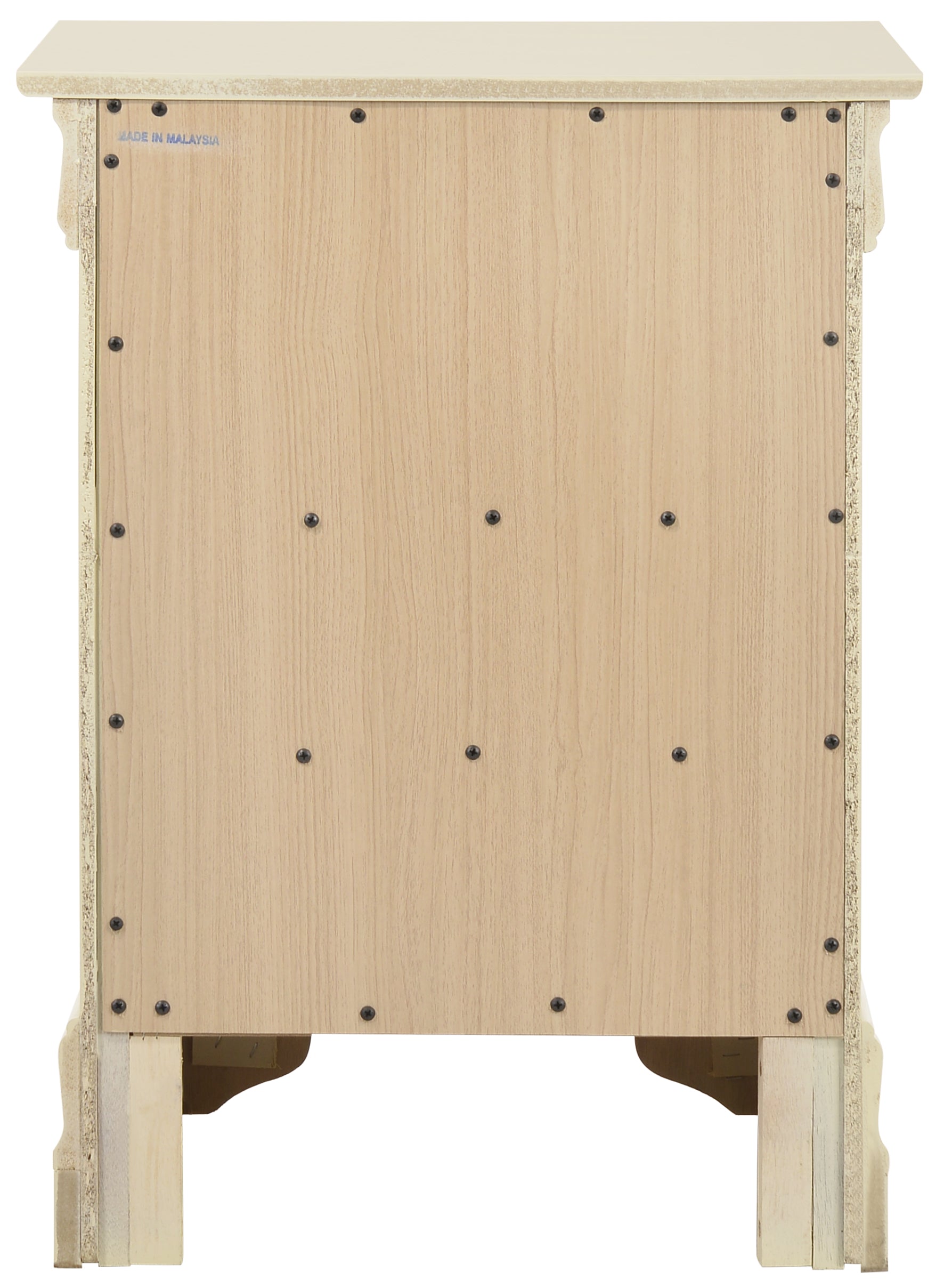 Rear view of an antique white nightstand with light wood grain backing and visible screws