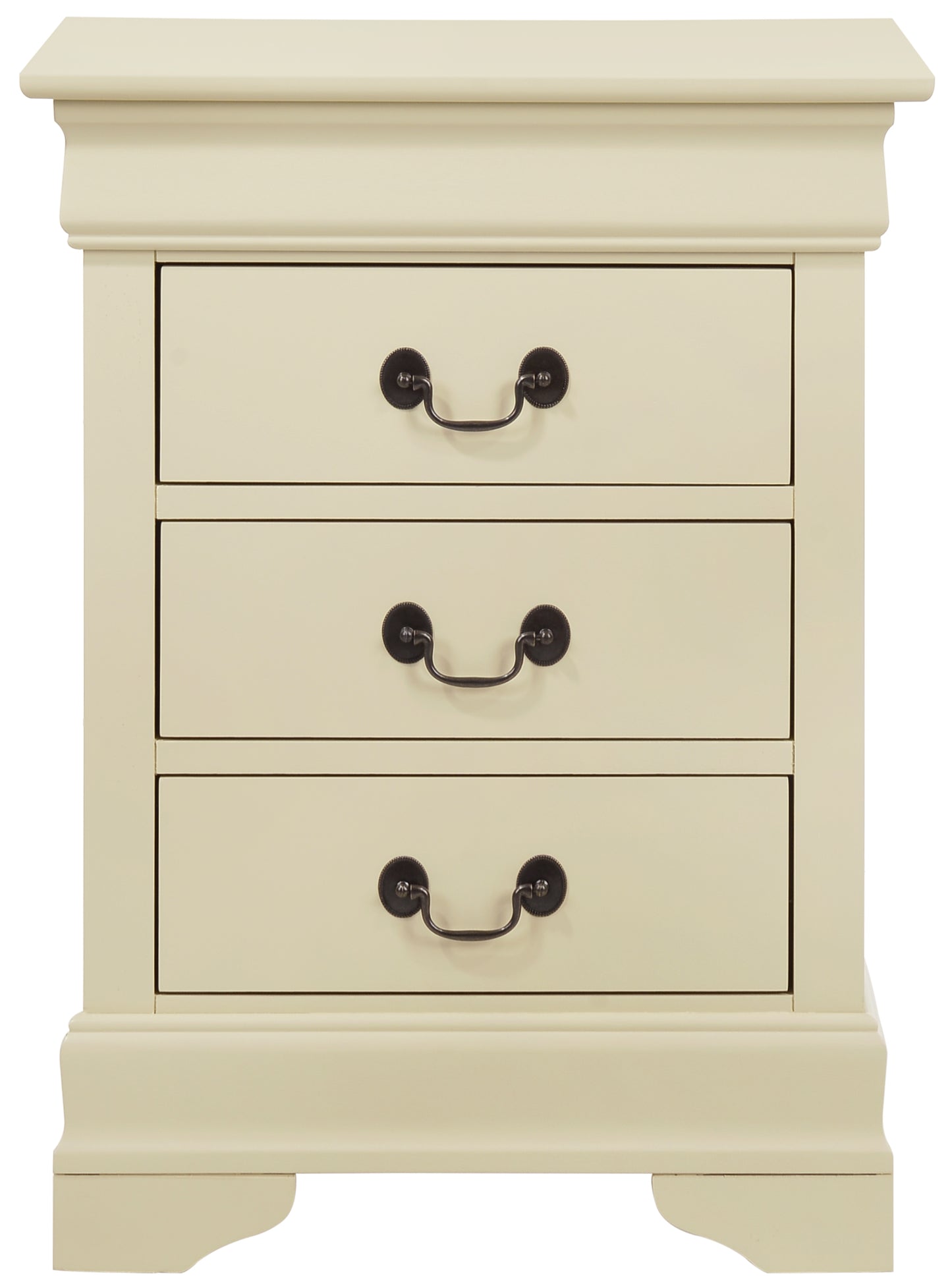 Cream bedside table with three drawers and dark metal hardware