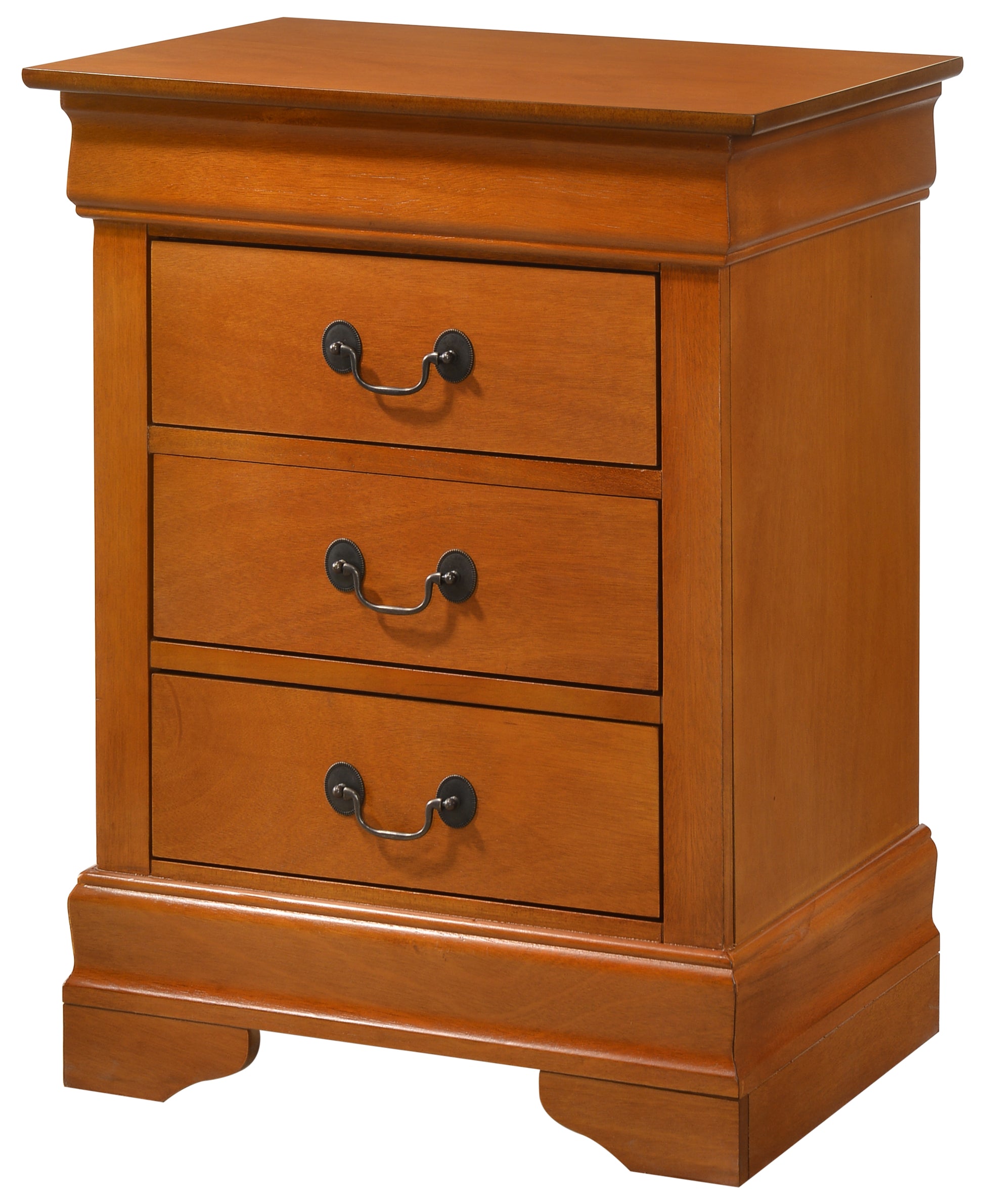 Classic threedrawer wooden nightstand with antique brass pull handles