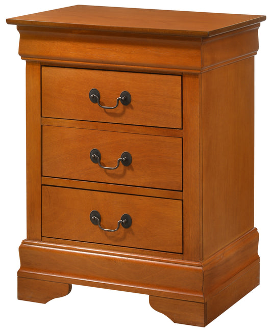 Classic threedrawer wooden nightstand with antique brass pull handles