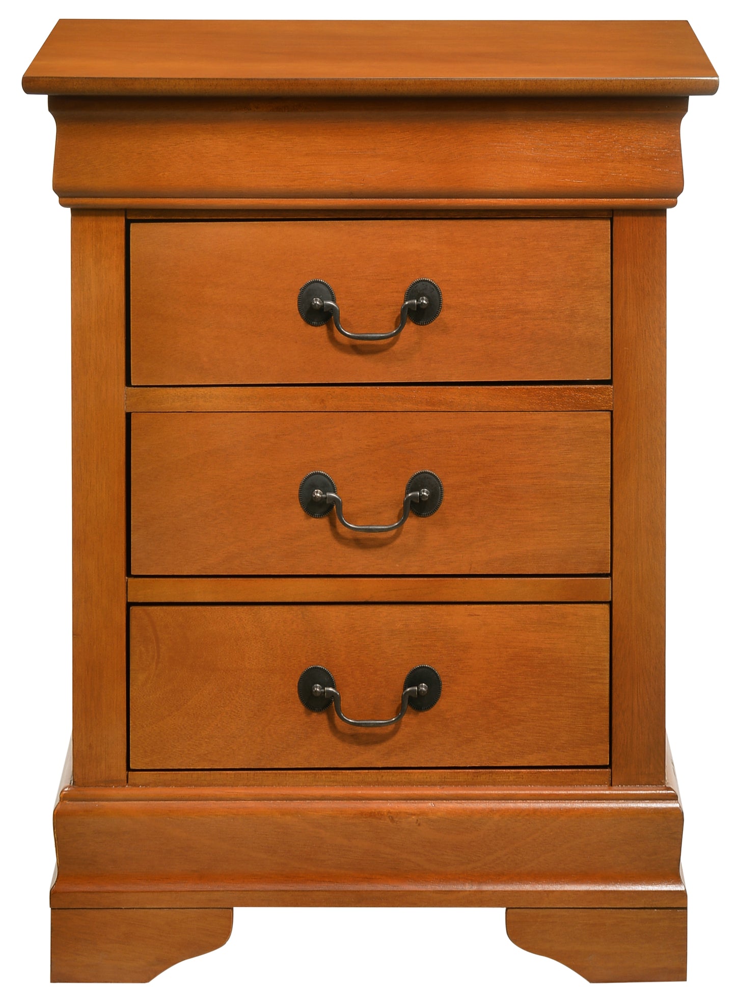 Rich cherry wood nightstand with three drawers featuring antique brass pulls