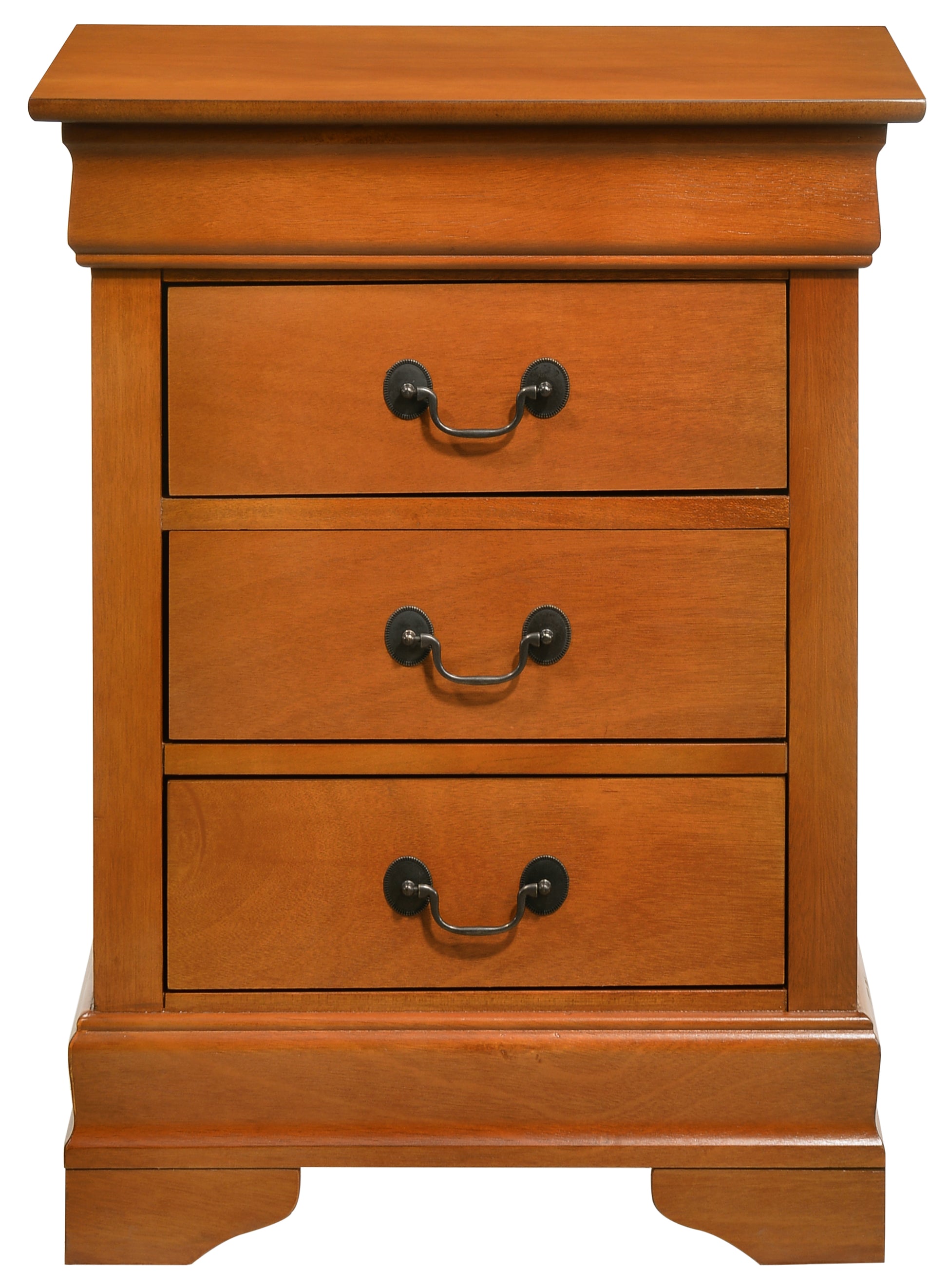 Rich cherry wood nightstand with three drawers featuring antique brass pulls