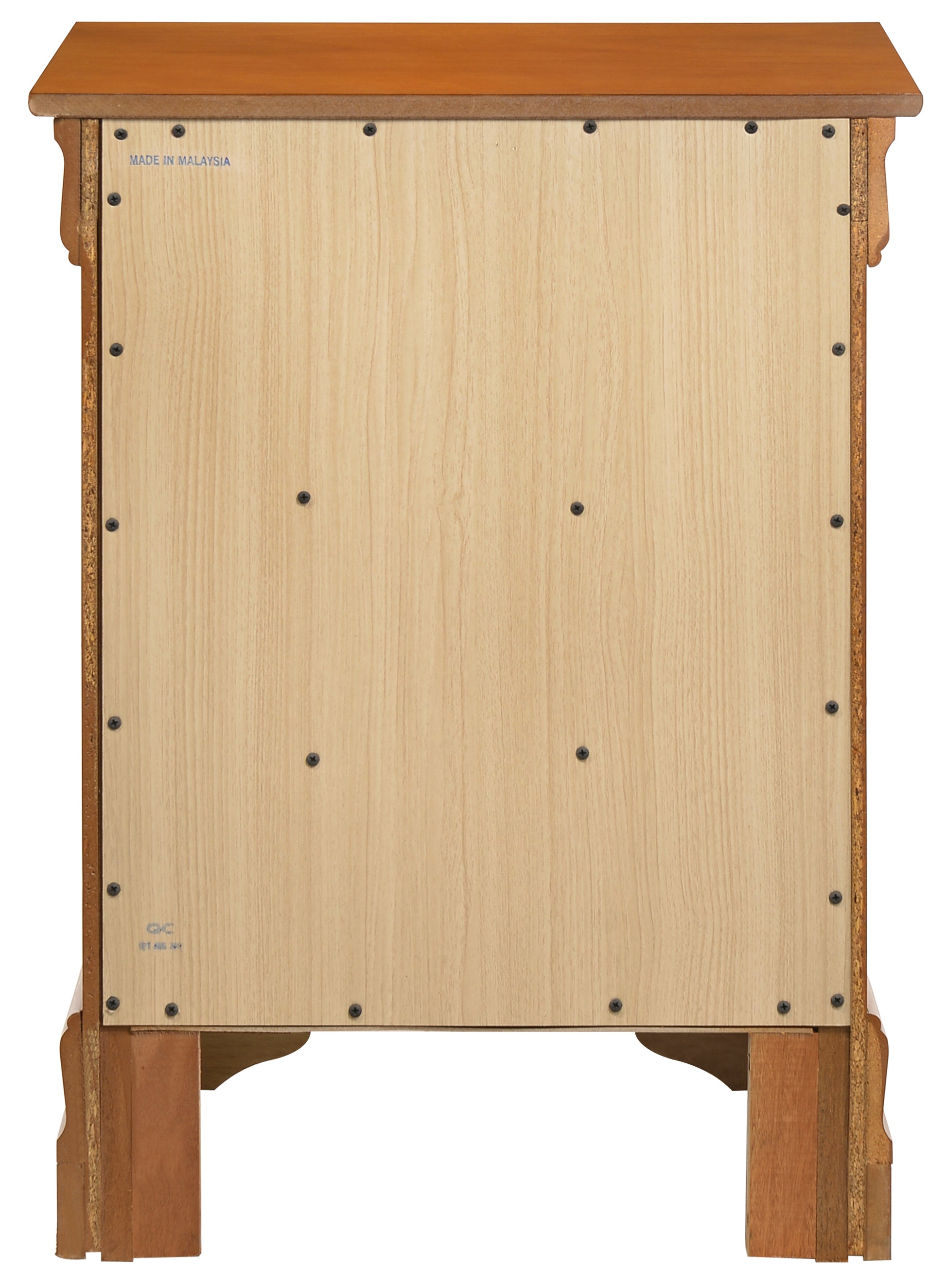 Rear view of a cherry wood nightstand with a light wood grain panel and black screws
