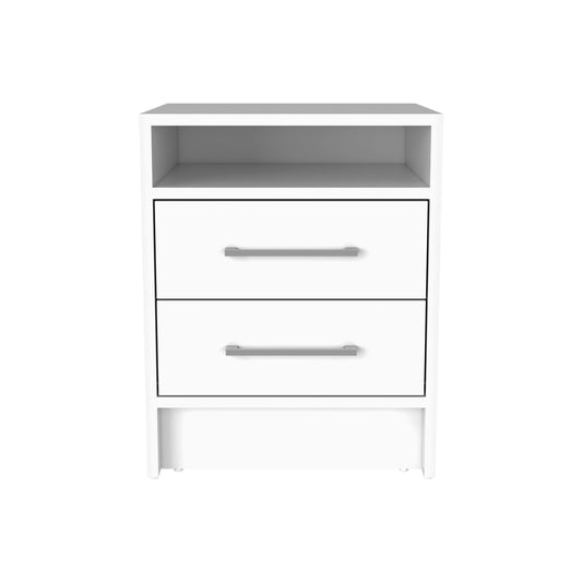 White twodrawer nightstand with silver handles and open shelf
