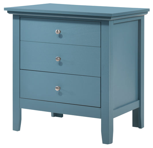 Blue wooden threedrawer nightstand with brushed nickel knobs