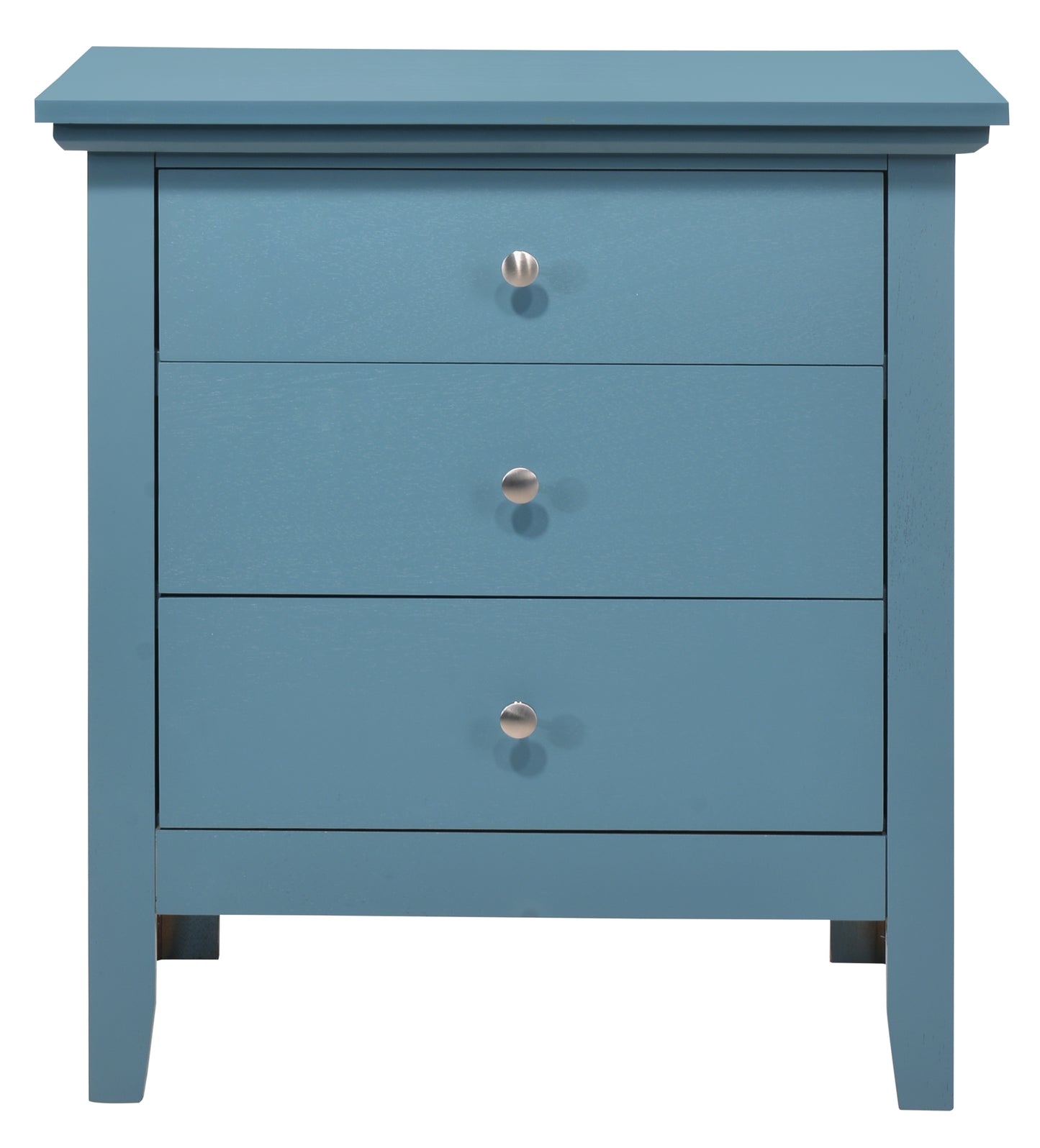 Blue painted threedrawer nightstand with silver knobs