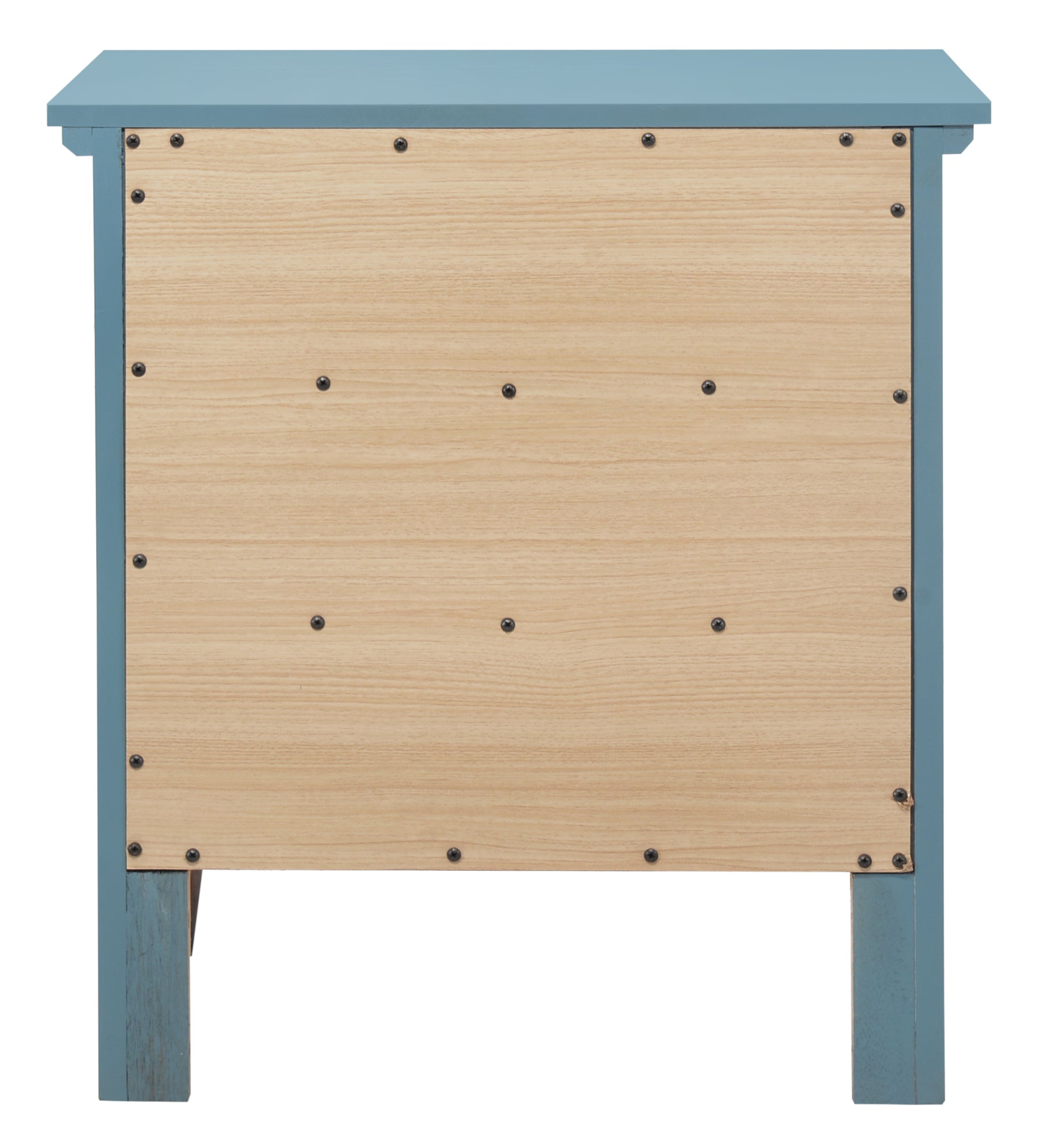 Blue wooden bedside table back panel with visible screws