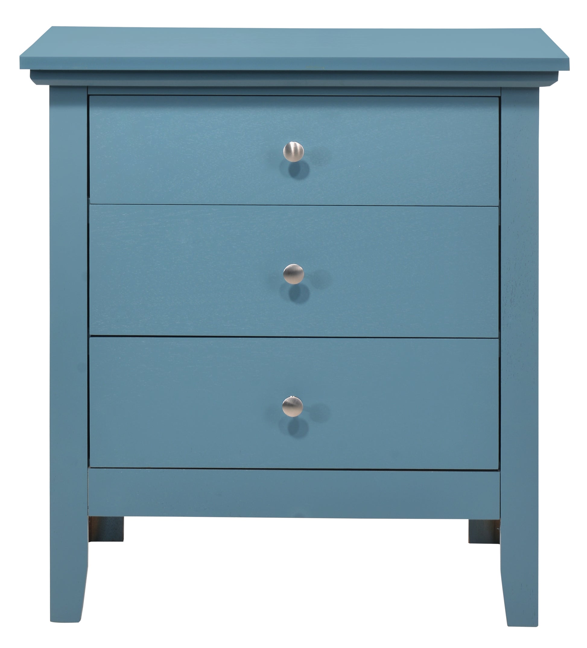 Blue wooden threedrawer nightstand with silver knobs