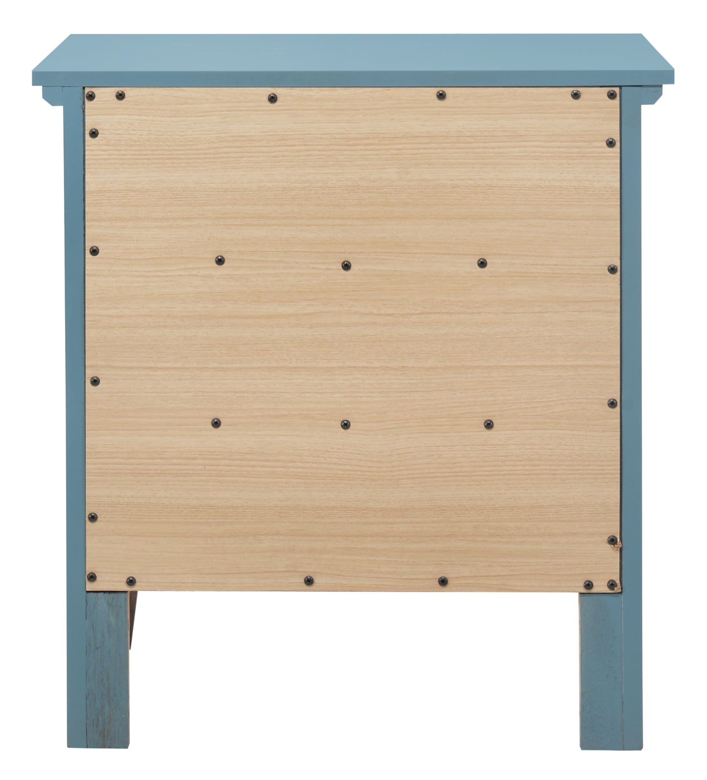 Rustic blue bedside cabinet back view with natural wood panel and exposed screws