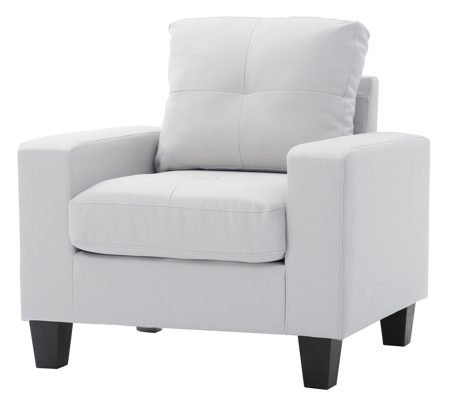 White leather armchair with square tufted cushions and black wooden legs