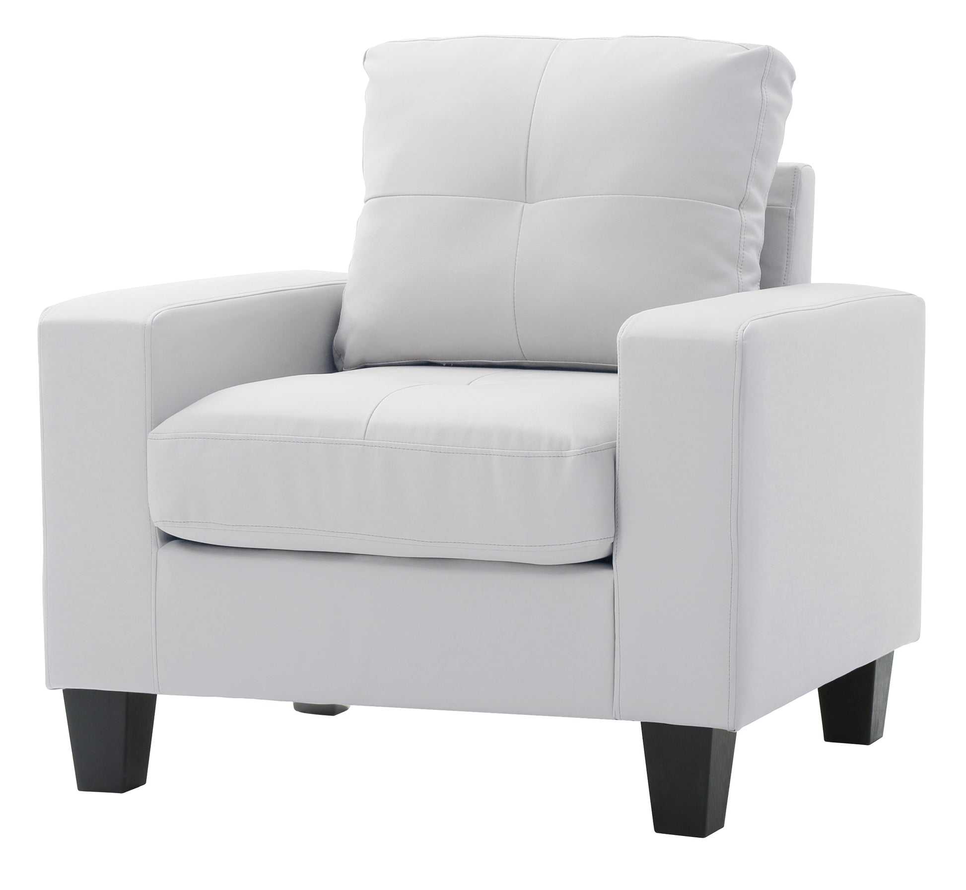 White leather armchair with square tufted cushions and black wooden legs