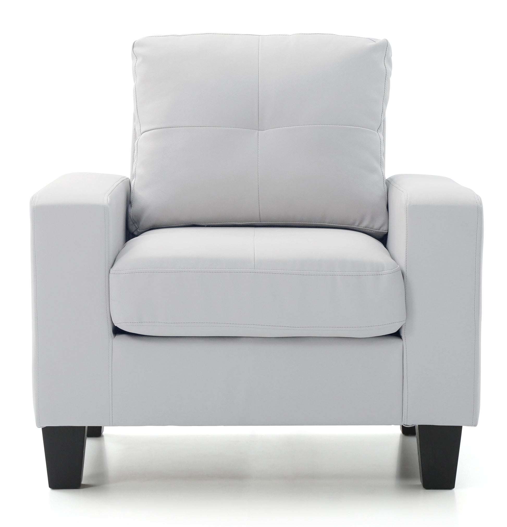 Modern white leather armchair with plush cushioning and dark wooden legs