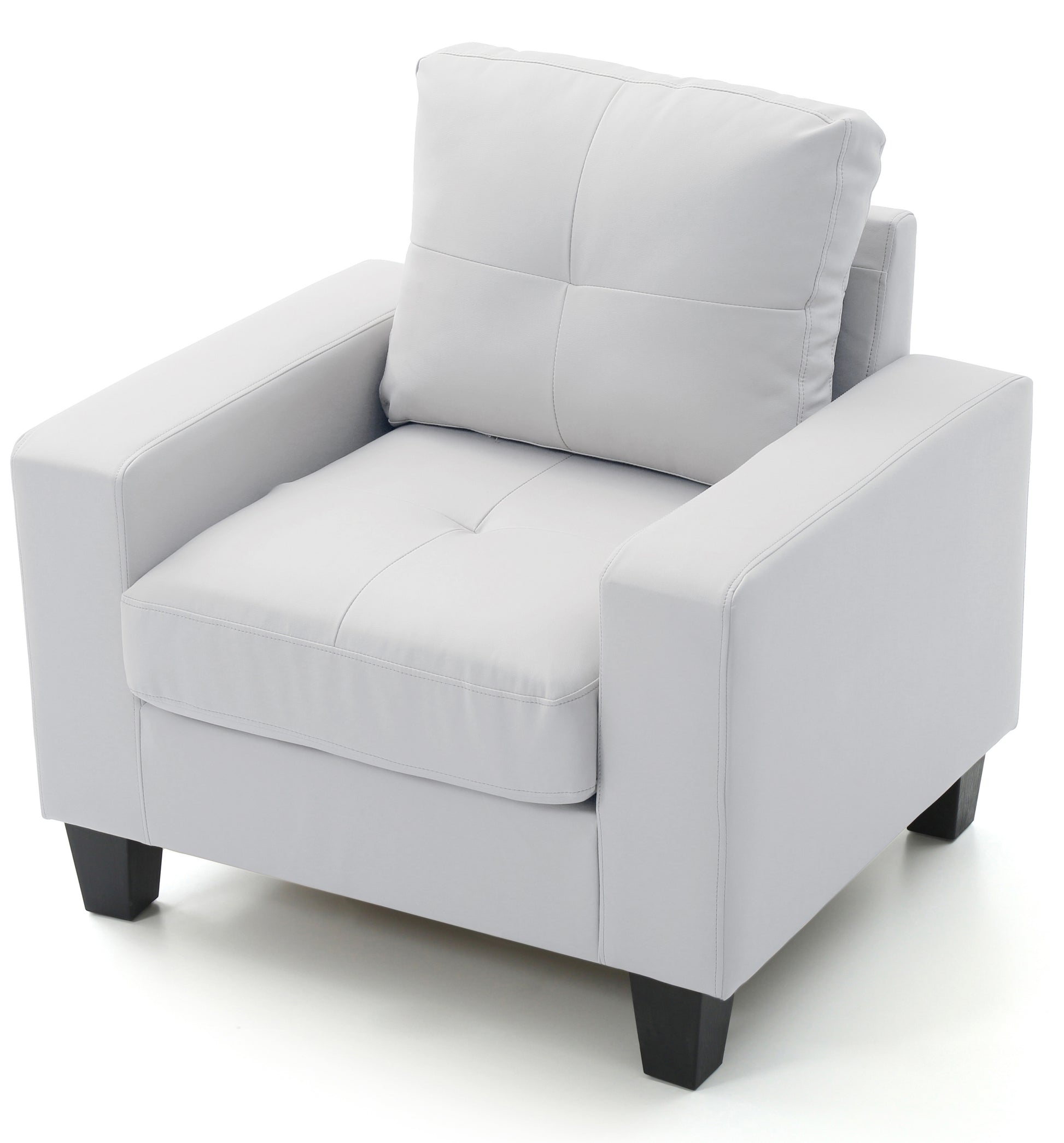 Modern white leather armchair with plush cushioning and square black legs perfect for living rooms