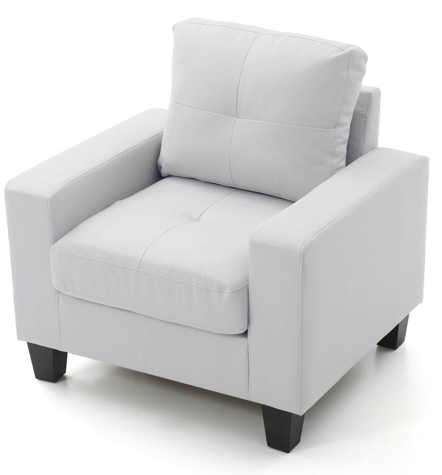 Modern grey faux leather armchair with plush back cushion