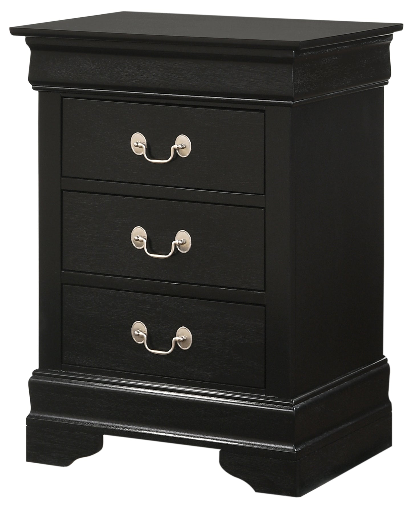 Black wooden nightstand with three drawers and silver handles