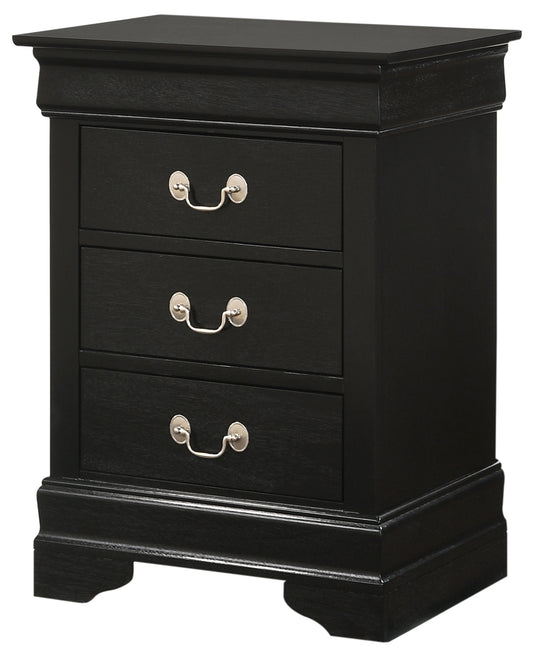 Black wooden nightstand with three drawers and silver handles
