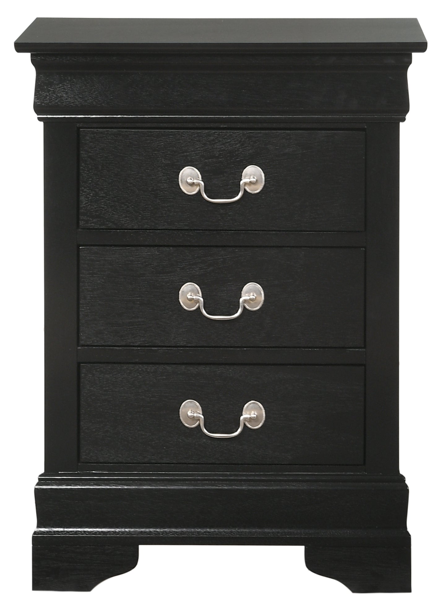 Black wooden nightstand with three drawers and silver hardware
