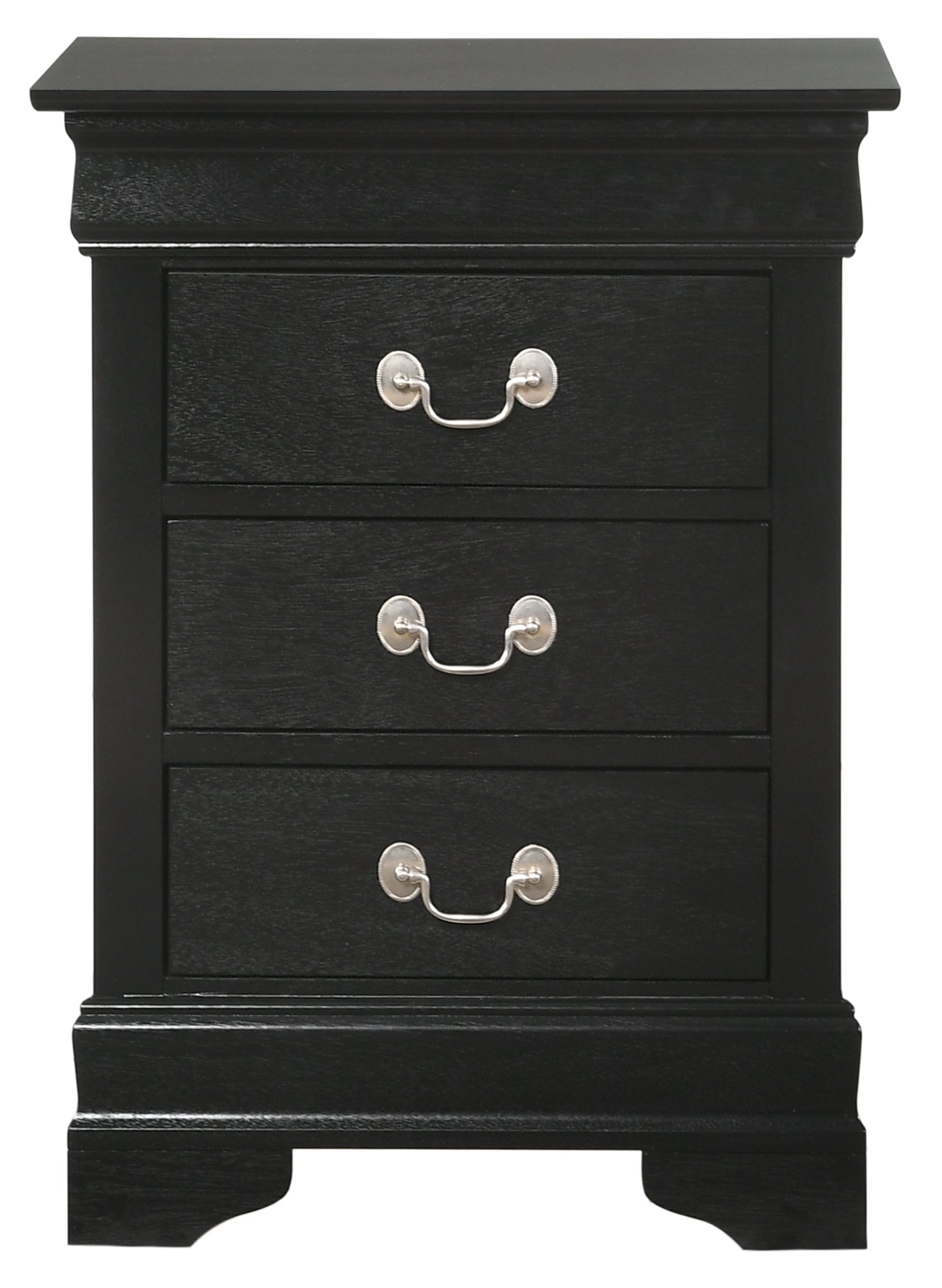 Black wooden nightstand with three drawers and silver hardware